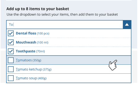 Mock designs for shopping prices tool showing a text input with items suggested to select