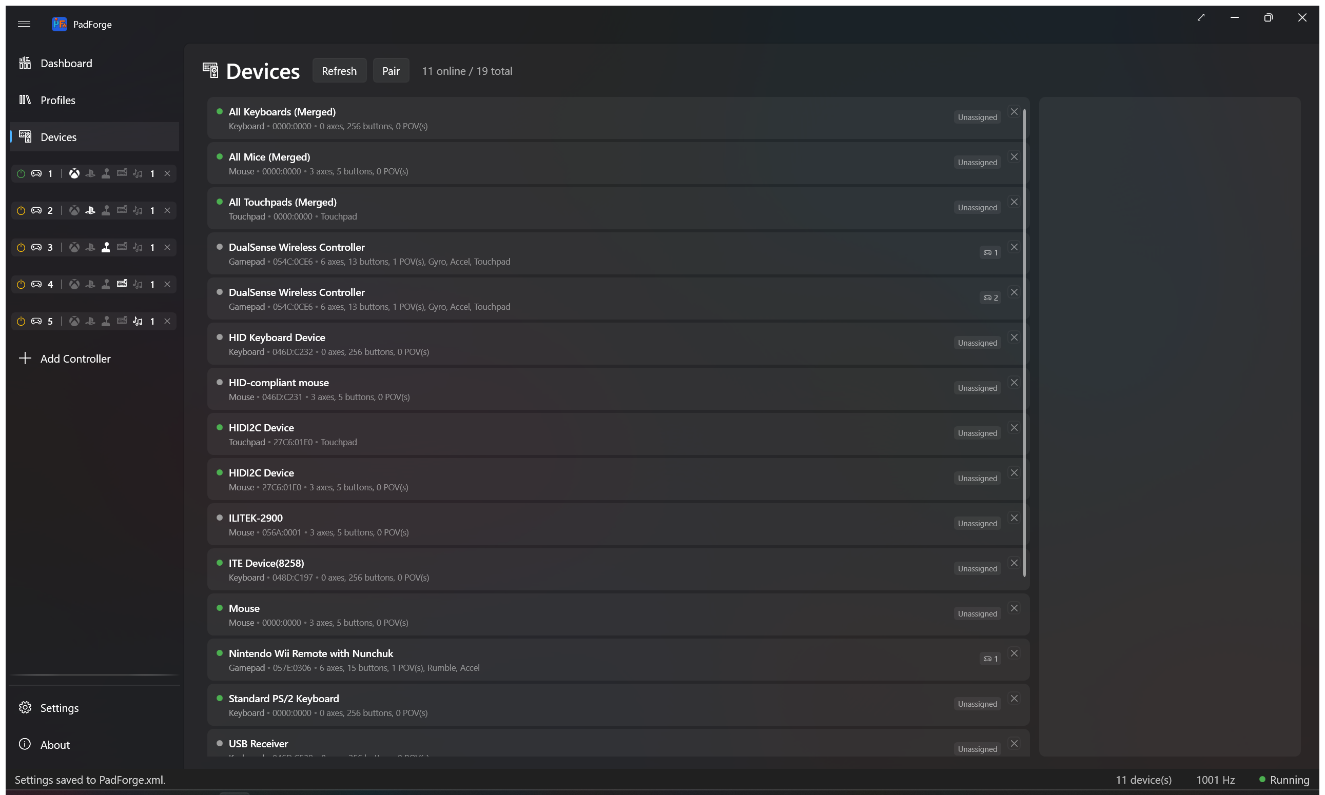 Devices page showing detected controllers with status and slot badges