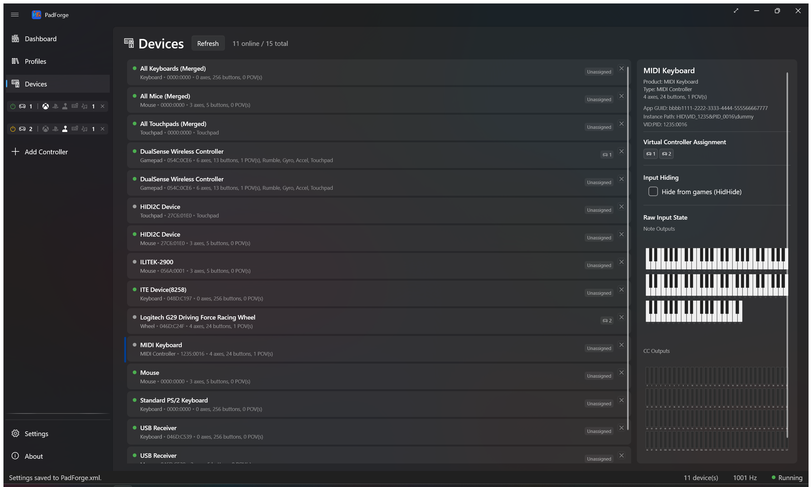 A MIDI device on the Devices page with the live note and CC preview