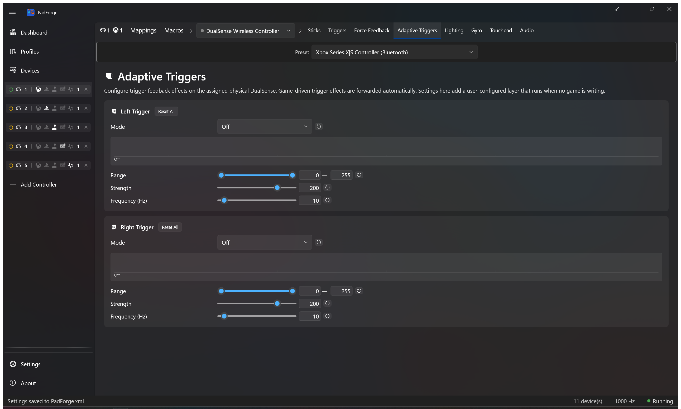 Adaptive Triggers tab with effect-profile preview