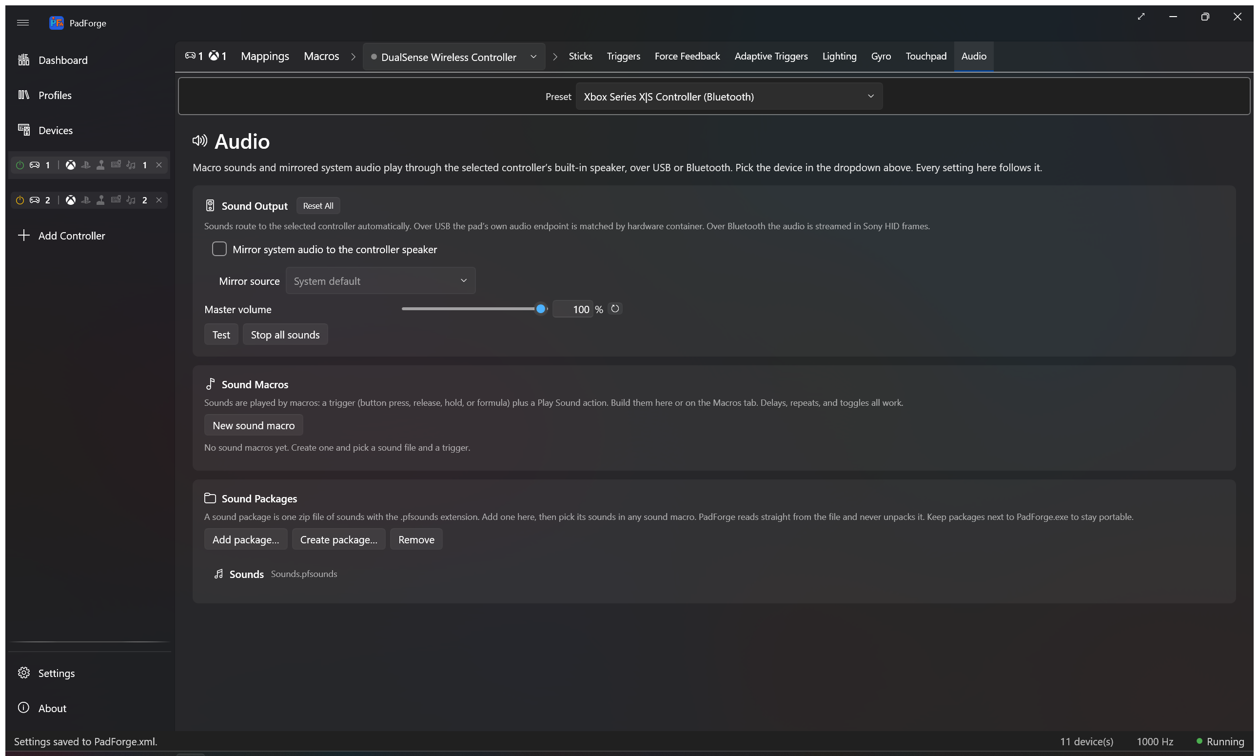 Audio tab with mirror source picker and master volume