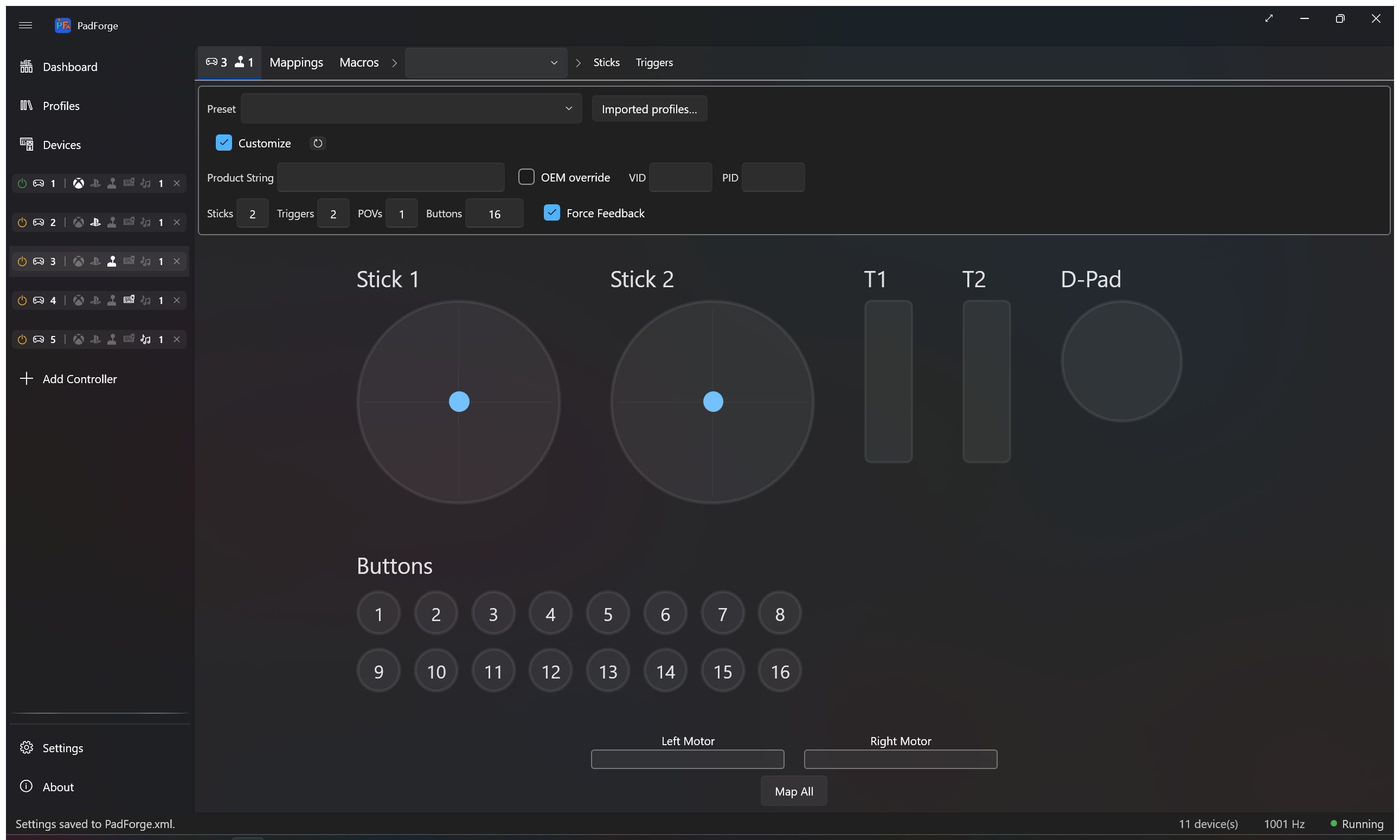Extended (HIDMaestro) Controller view: profile / customize bar at top, procedural schematic of the live HID layout below