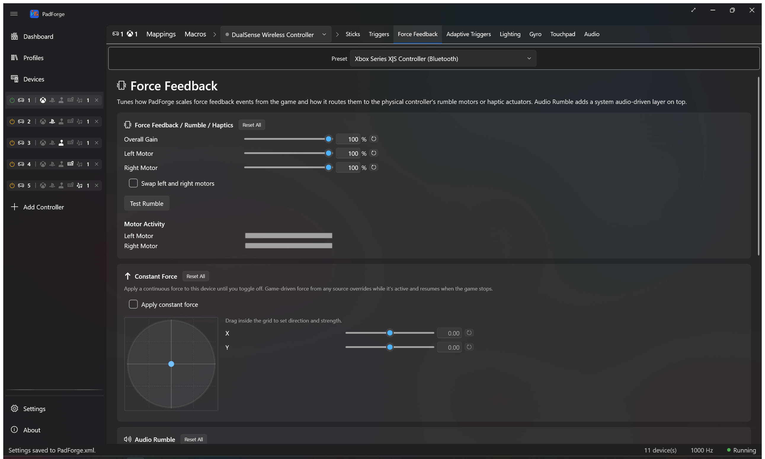 Force feedback settings with motor strength sliders and test button