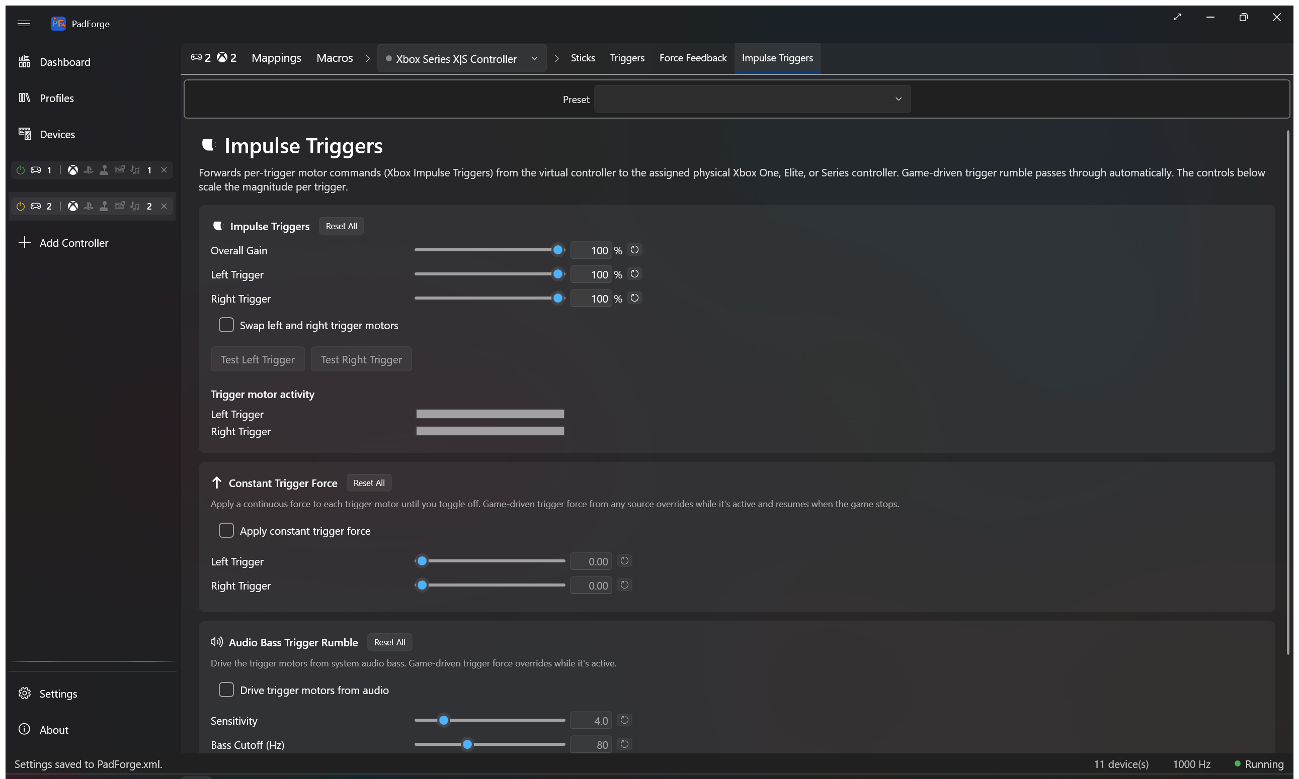 Impulse Triggers tab with per-trigger gain, Constant Trigger Force, and Audio Bass Trigger Rumble cards