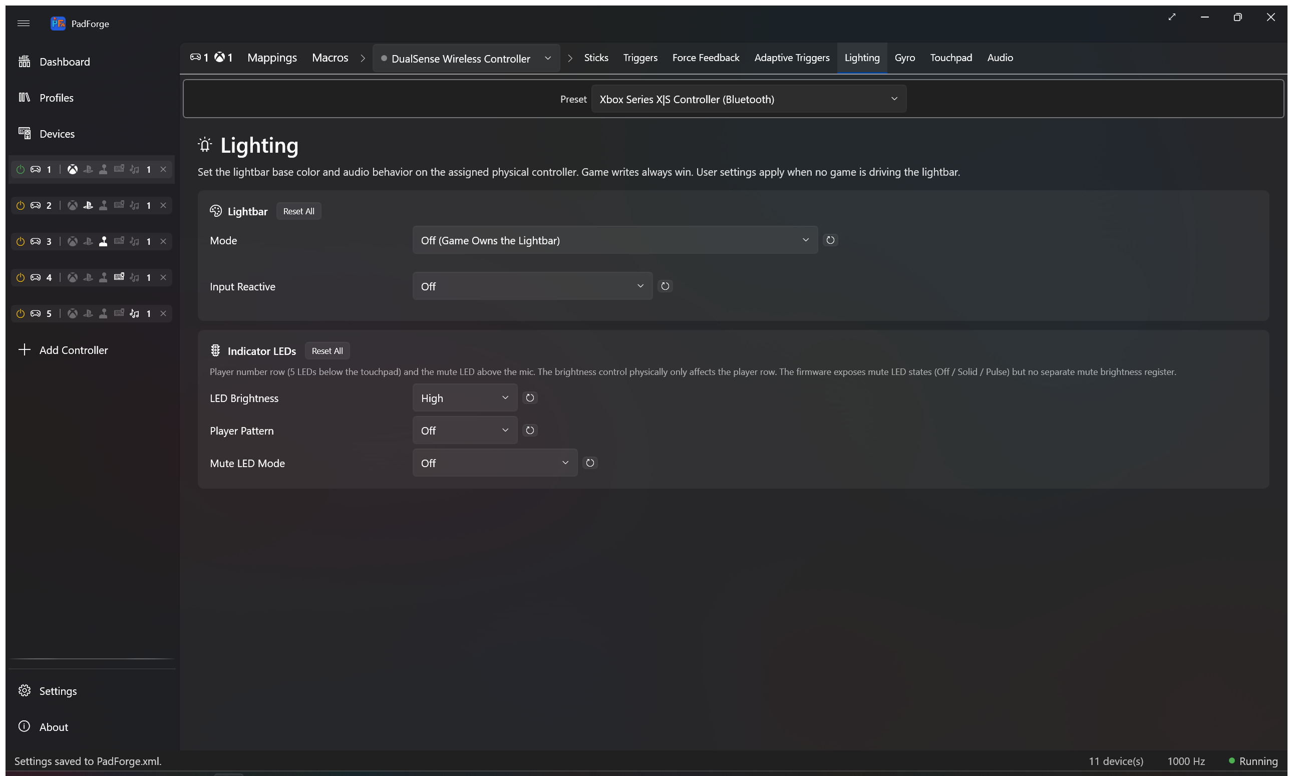 Lighting tab with mode picker and audio-band cards