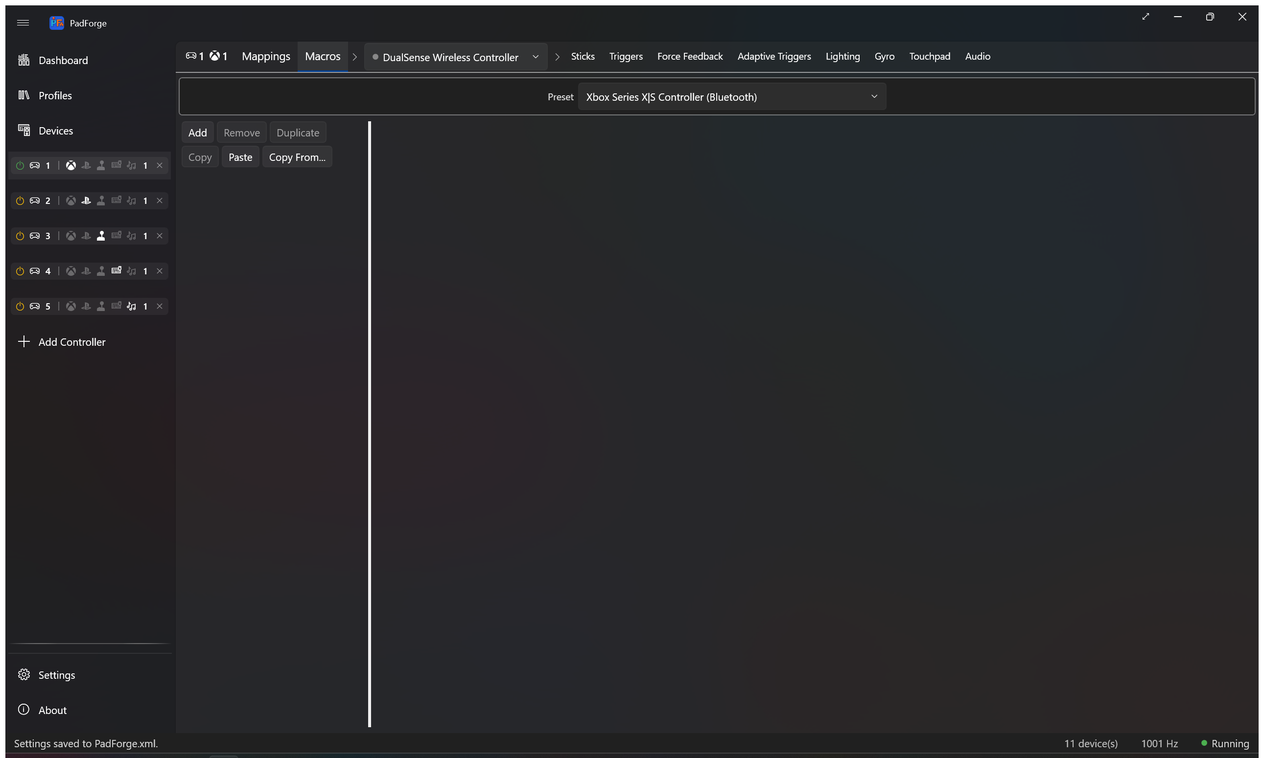Macros tab showing trigger setup and action list