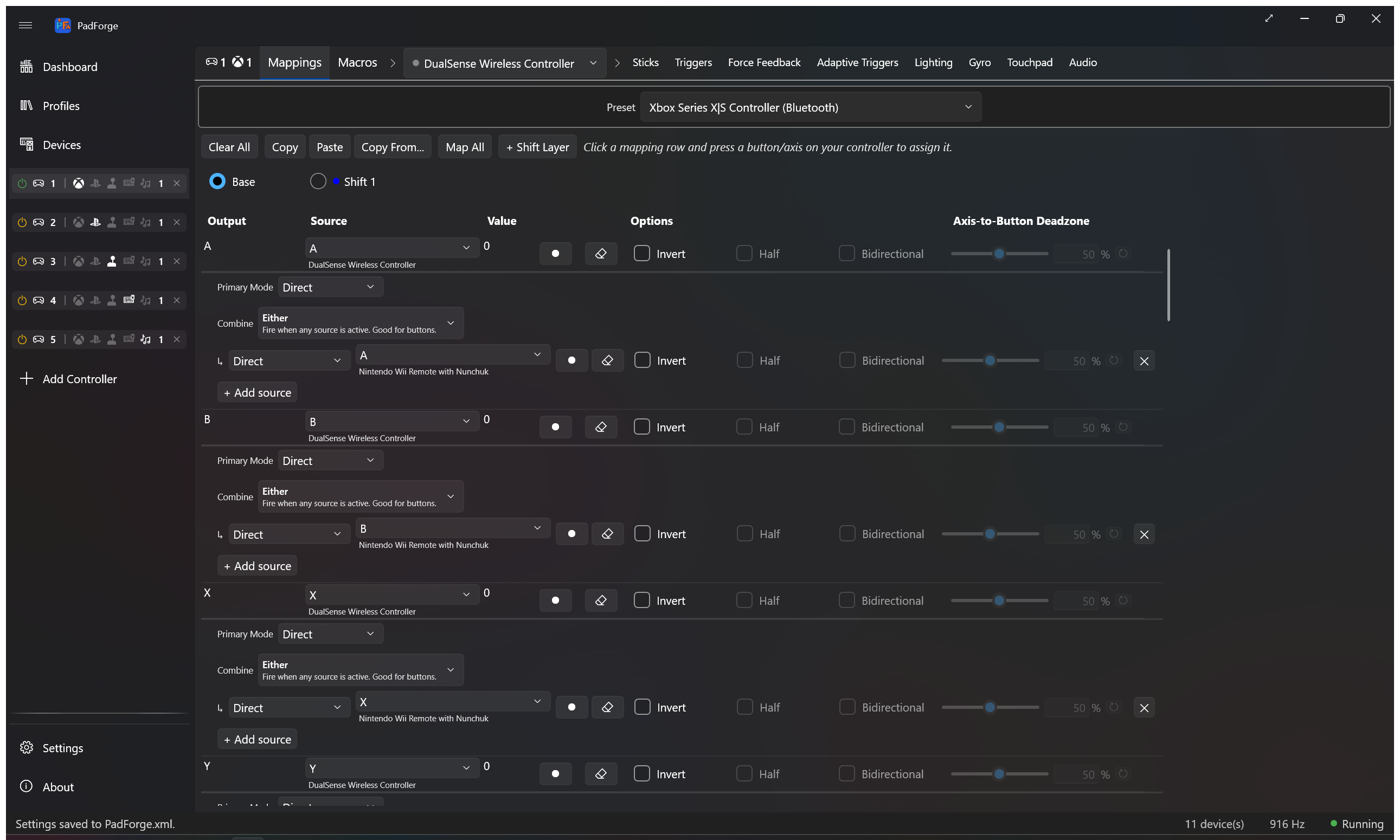 Mappings tab: shift layers live in the tab strip above the mapping grid