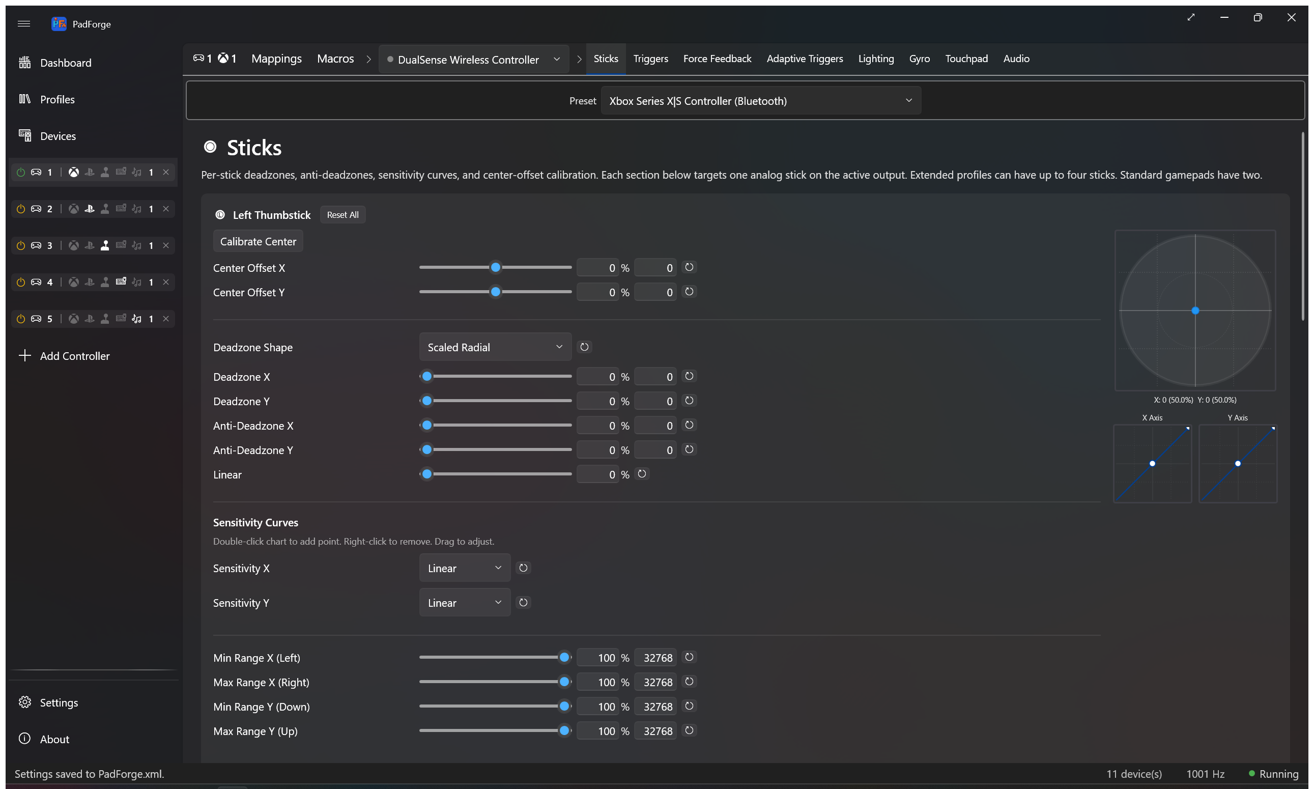 Stick deadzone settings with circular preview and sliders