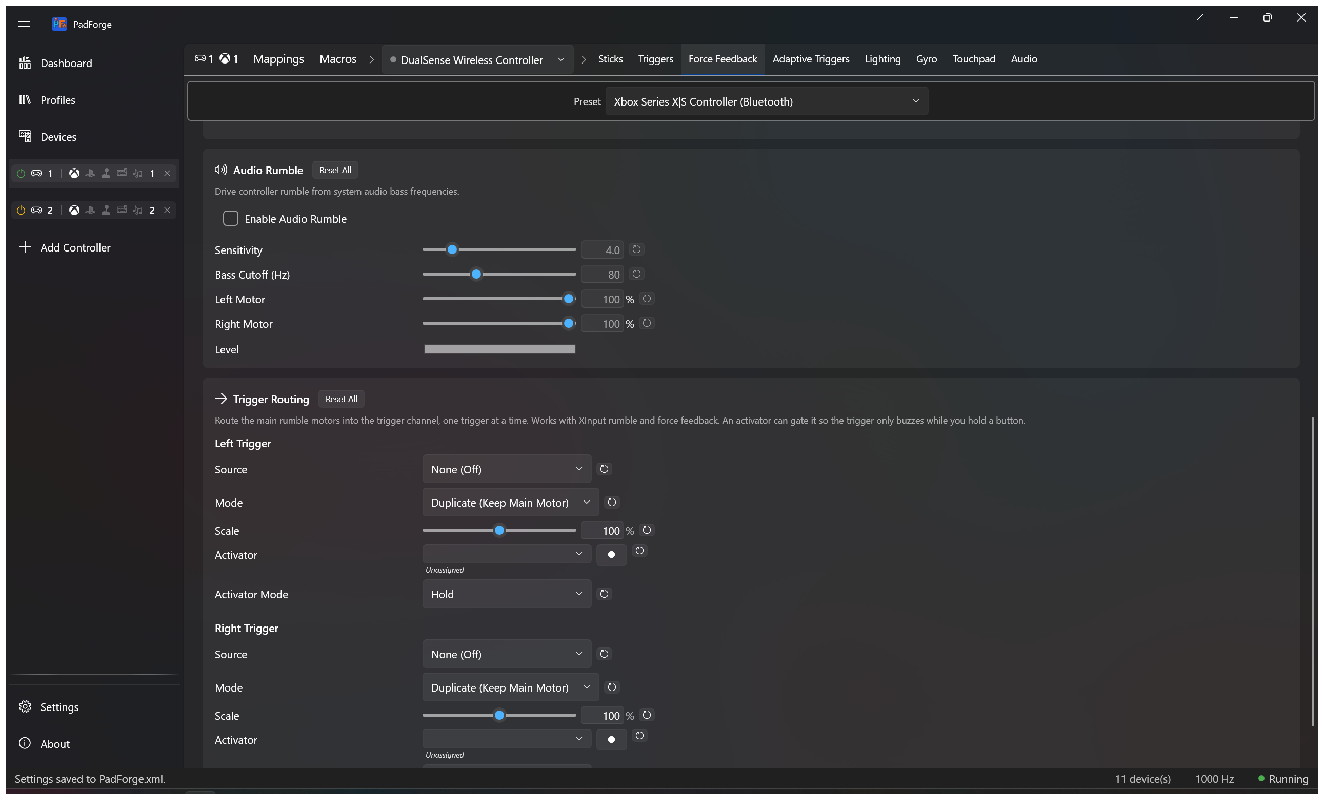 Trigger Routing card with per-trigger Source, Mode, Scale, and Activator controls