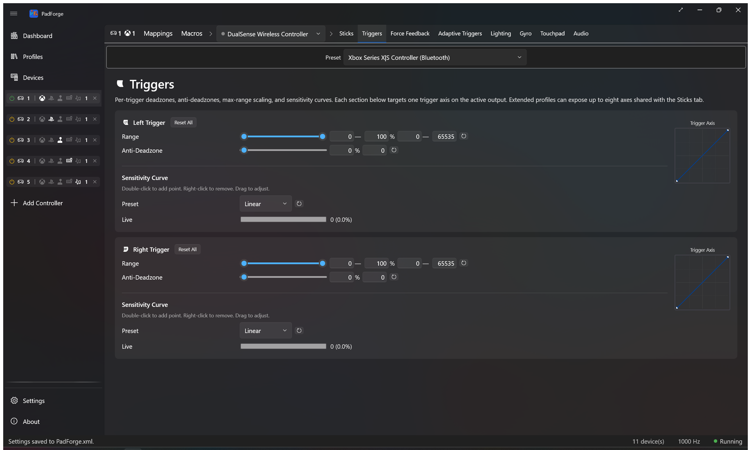 Trigger sensitivity preset dropdown