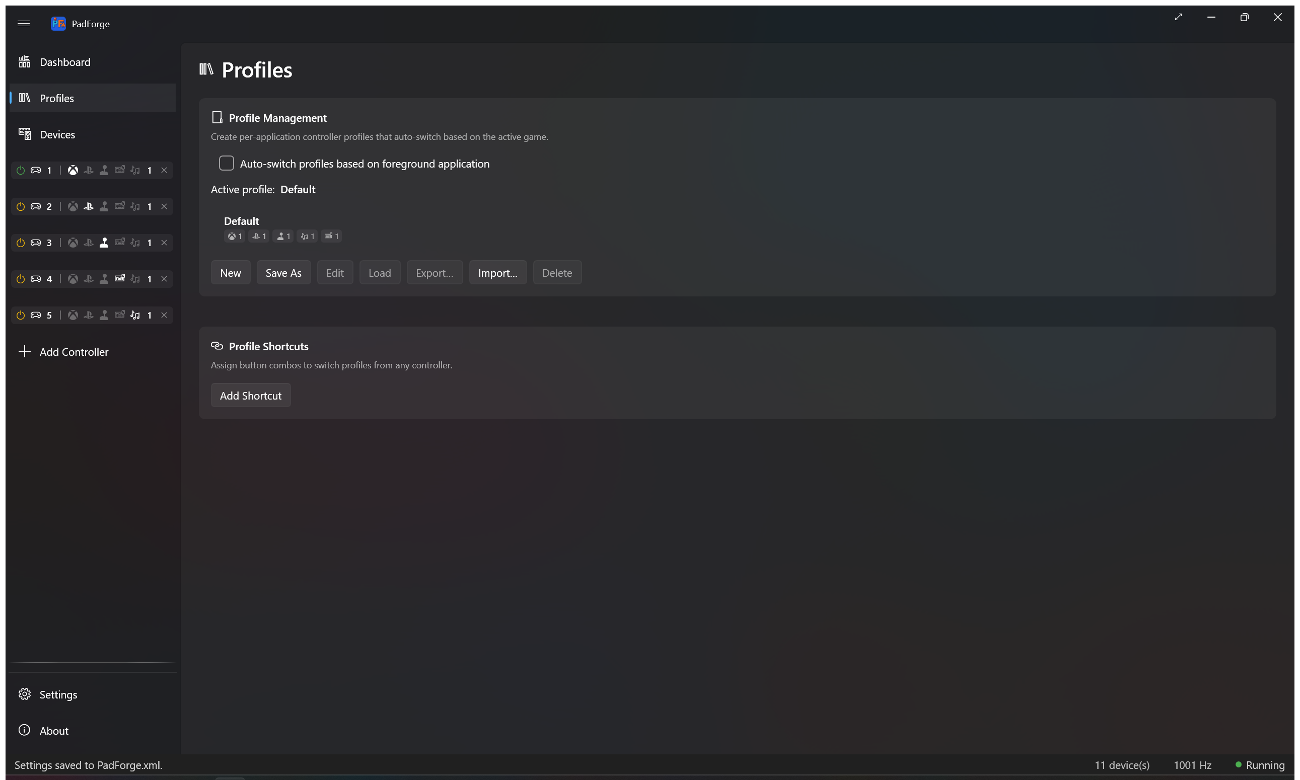 Profiles page with profile list and executable matching