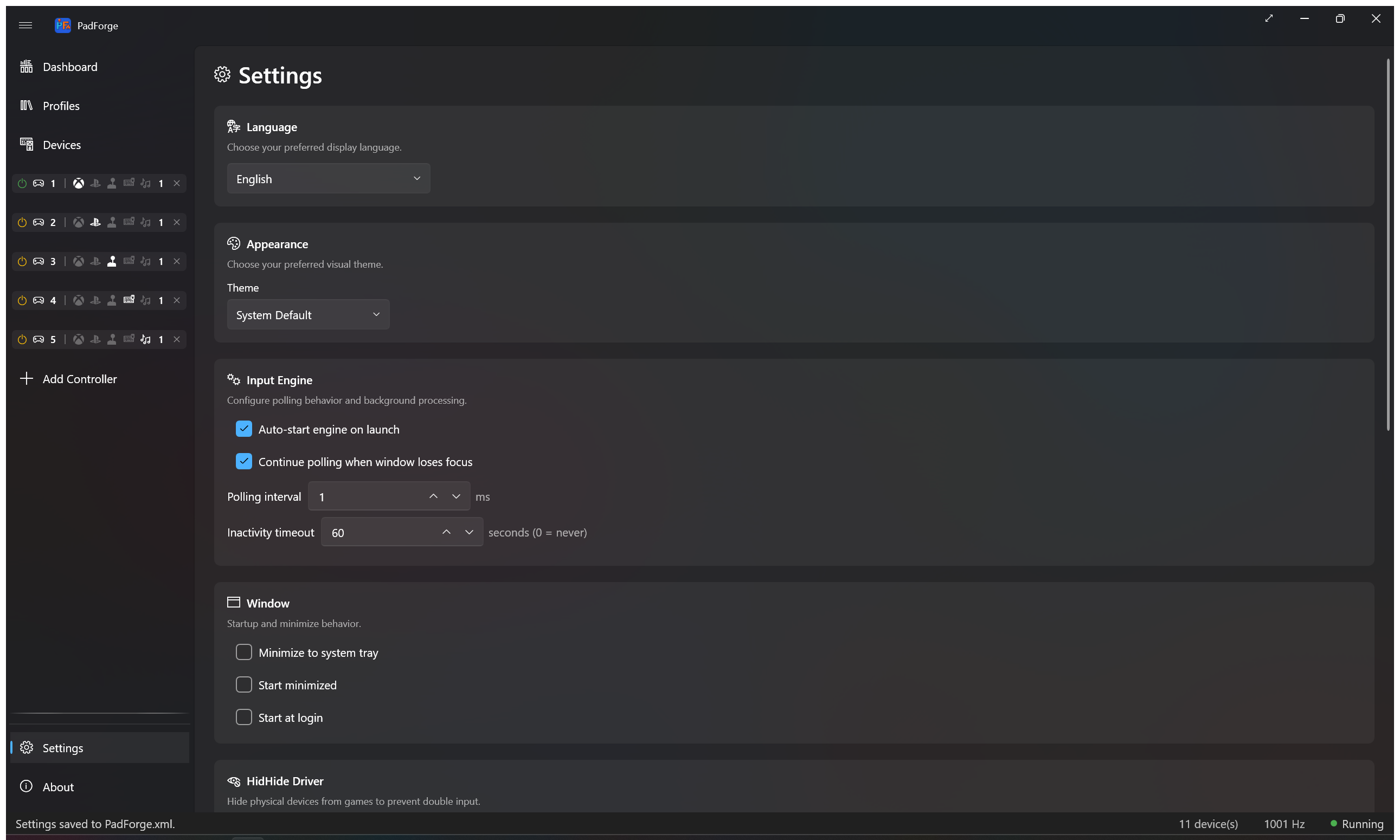 Settings page showing language, theme, and engine configuration
