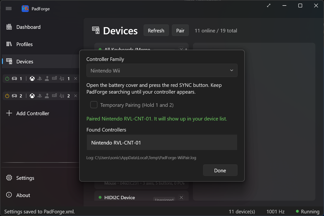 The Pair a Controller dialog scanning for a Wii controller