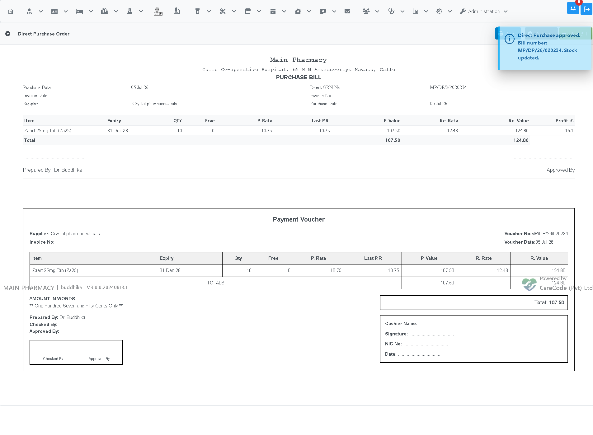 Approved Direct Purchase with bill number