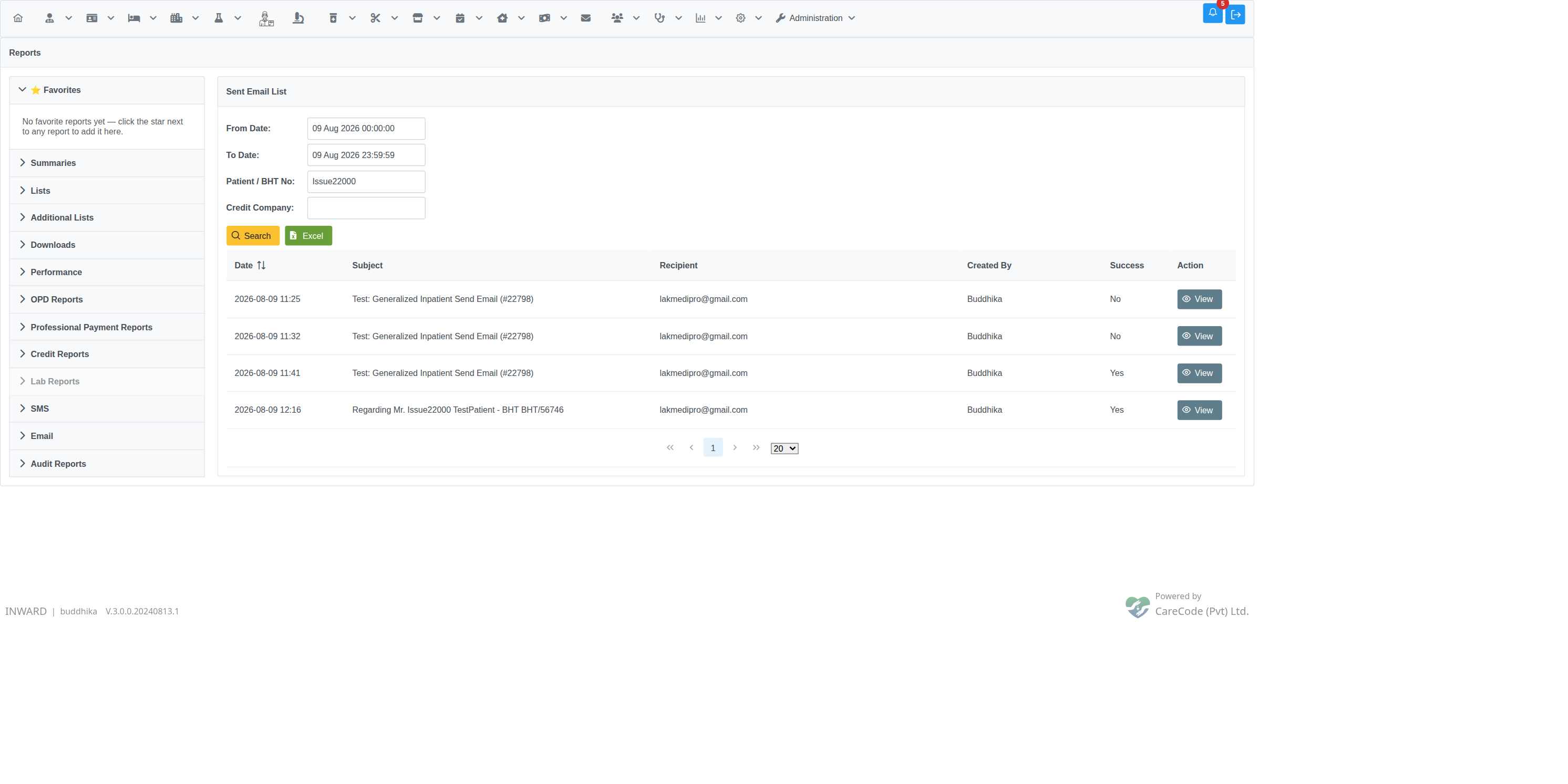 Filtered hospital-wide Sent Emails Report