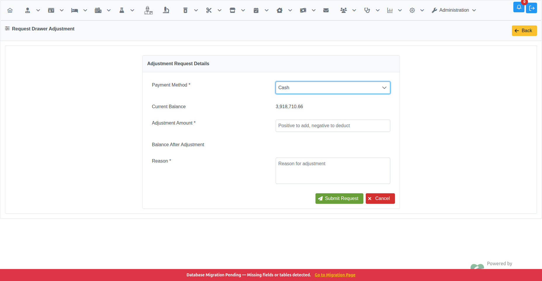 Request Drawer Adjustment — form with Cash selected