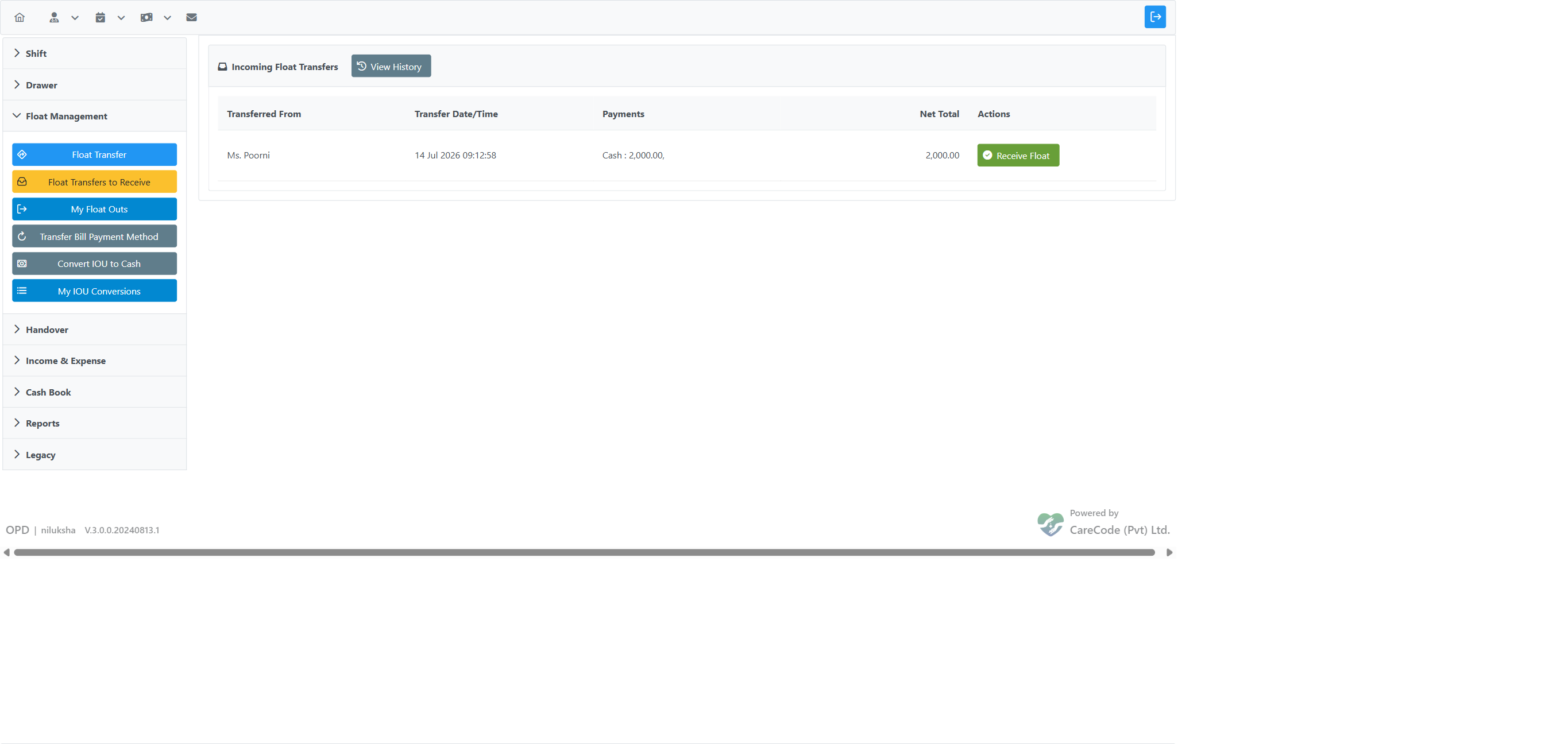 Incoming Float Transfers list showing a pending transfer from another cashier with a Receive Float button