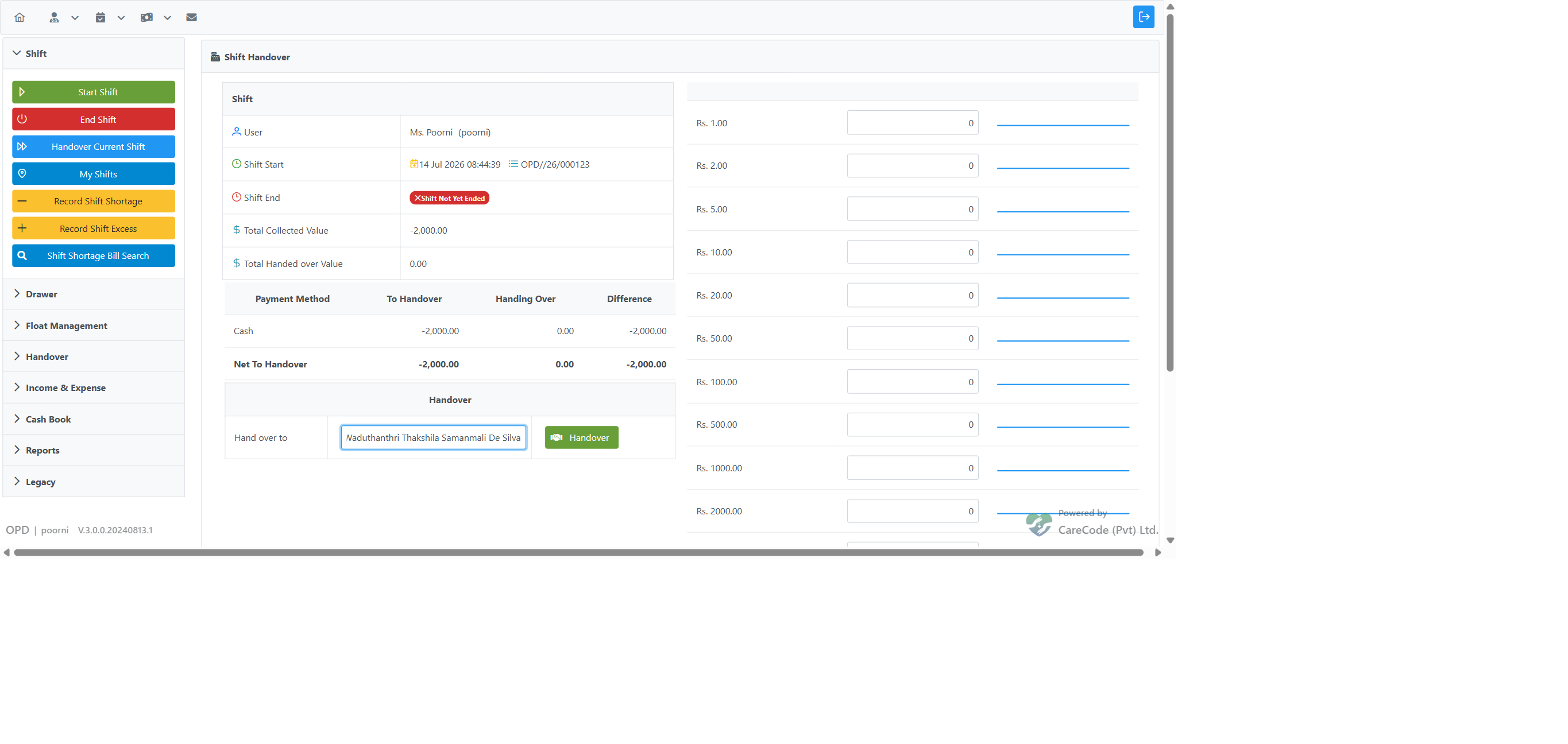 Shift Handover page showing the shift summary, payment-method rows, denomination entry, and the Hand over to selector