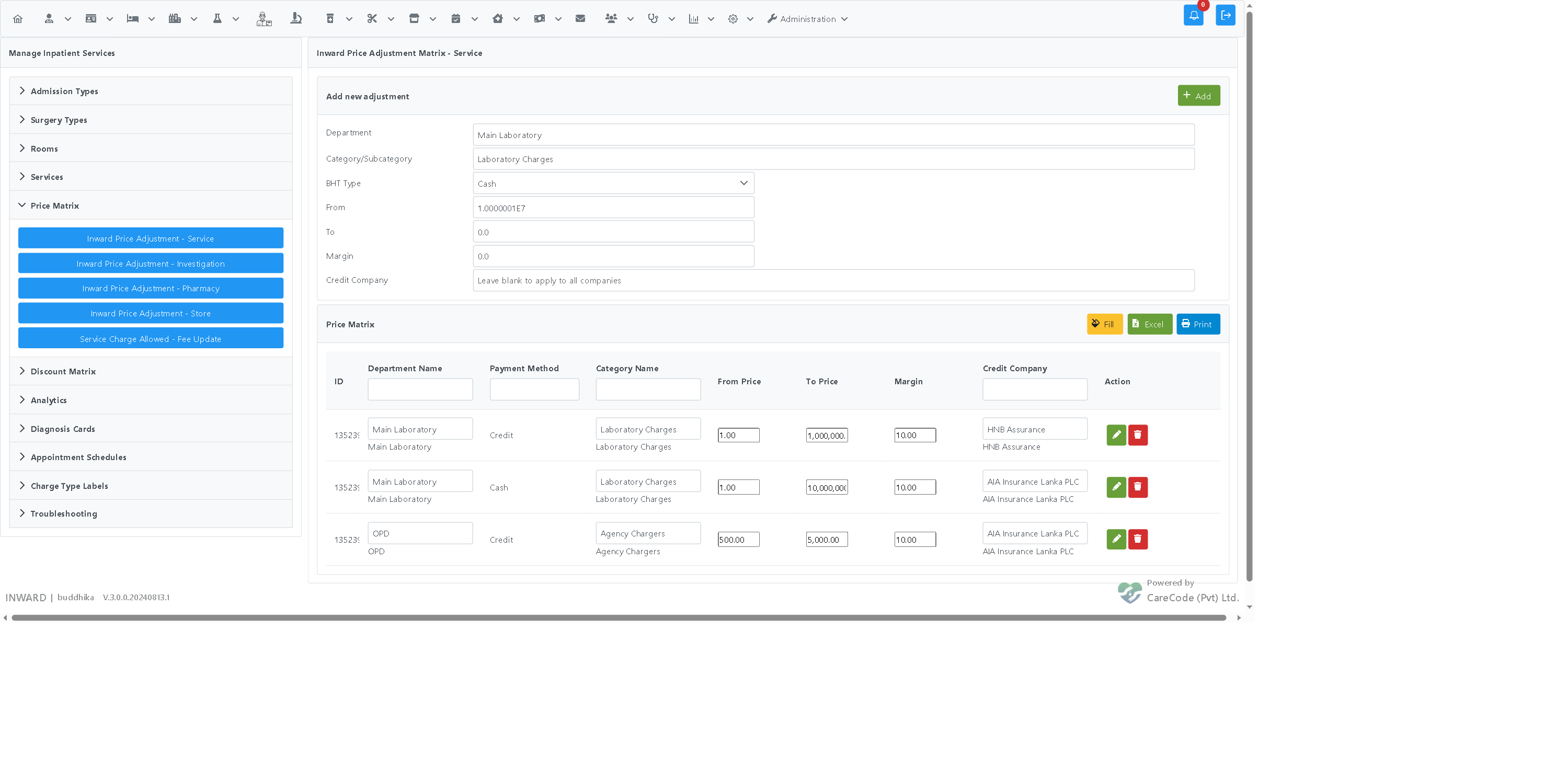 Loaded price matrix rows with editable credit company fields