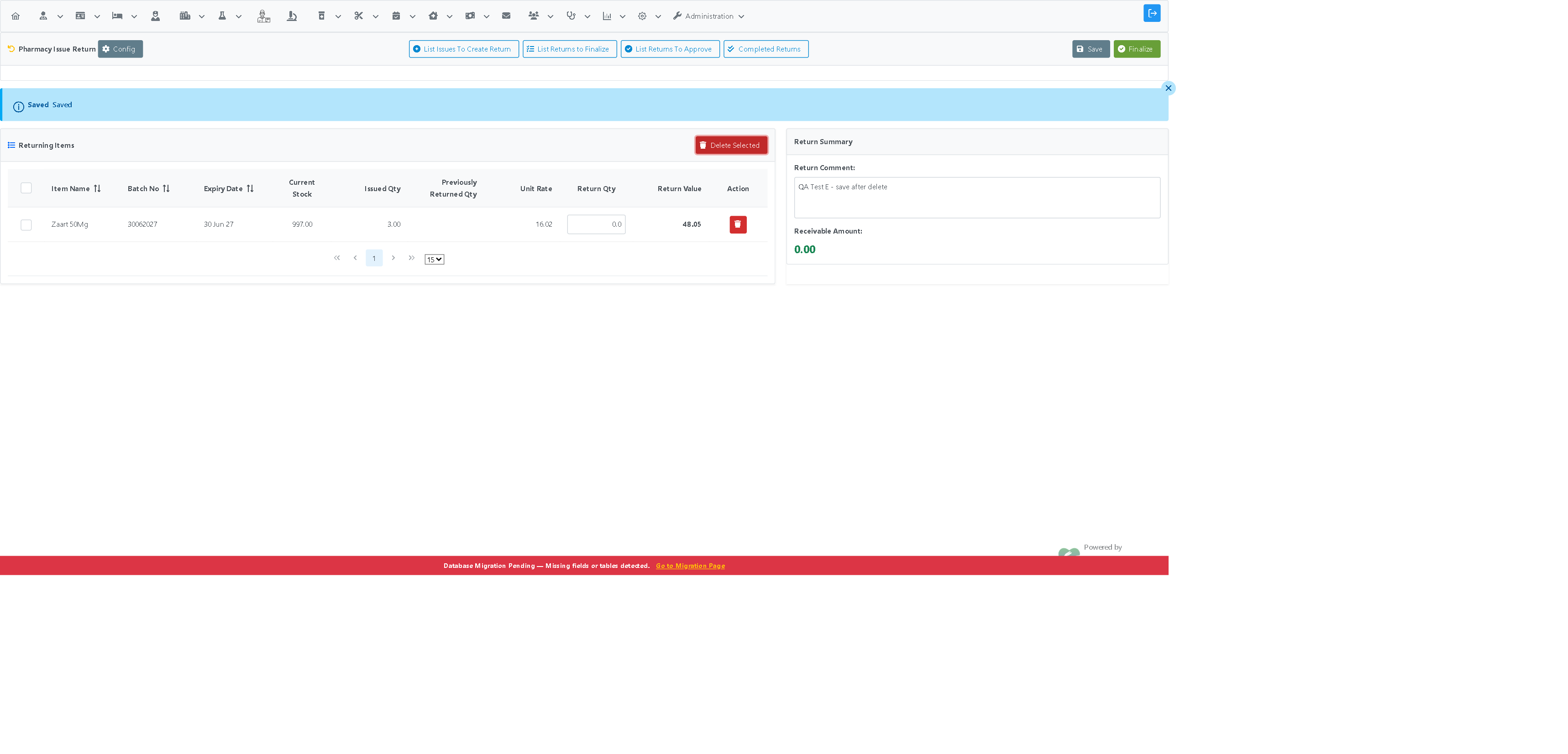 Issue Return page showing Delete Selected button and item table