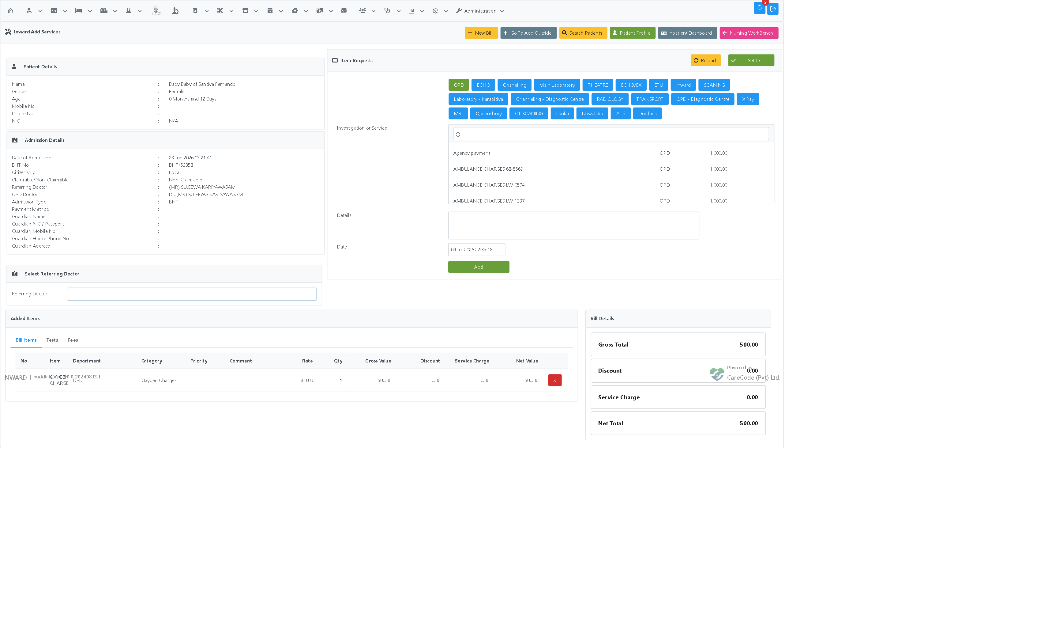 Add Services page immediately after processing a request, showing the pre-loaded line before Settle
