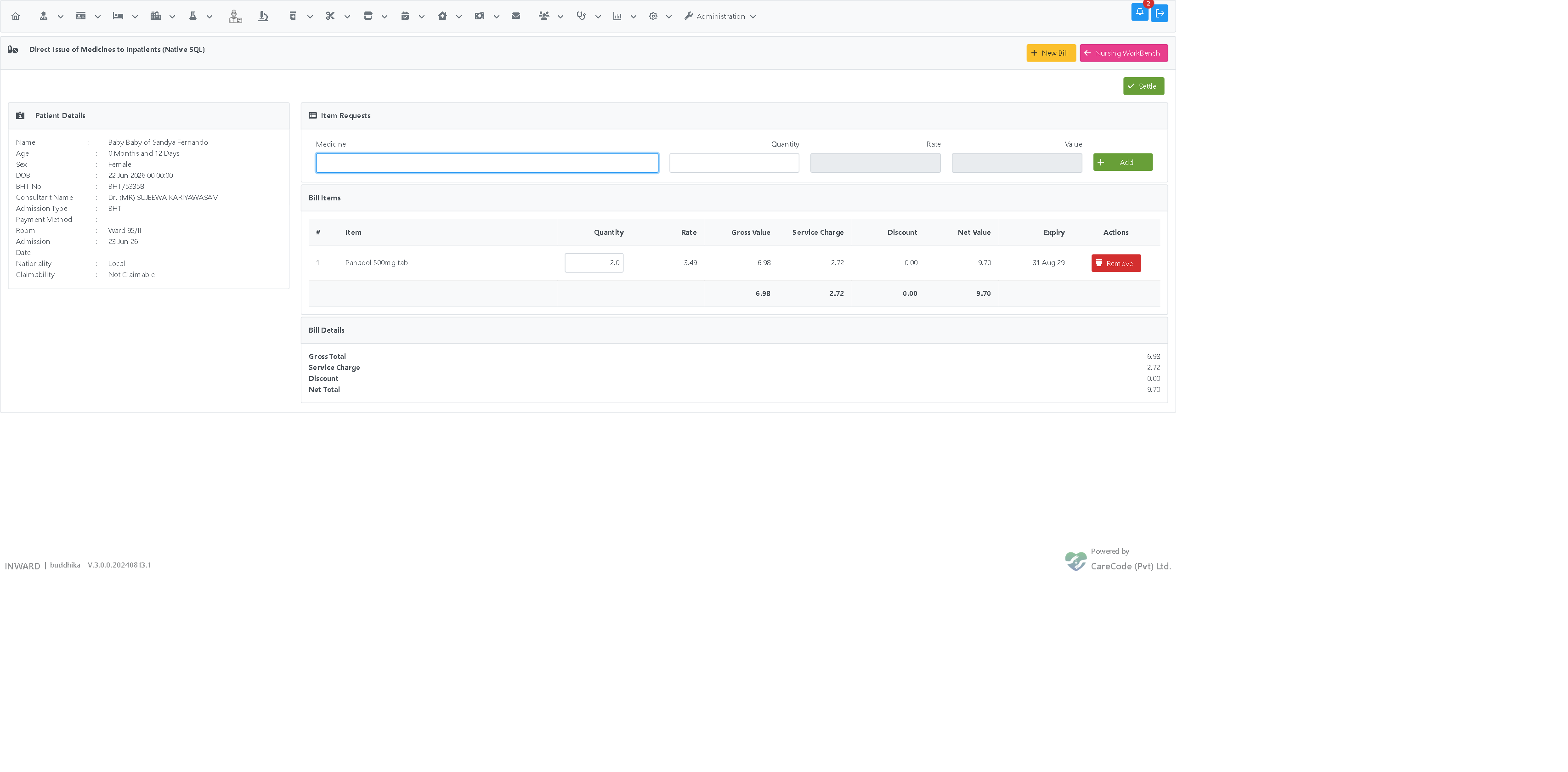 Direct Issue page immediately after processing a request, showing the pre-loaded stock item before Settle