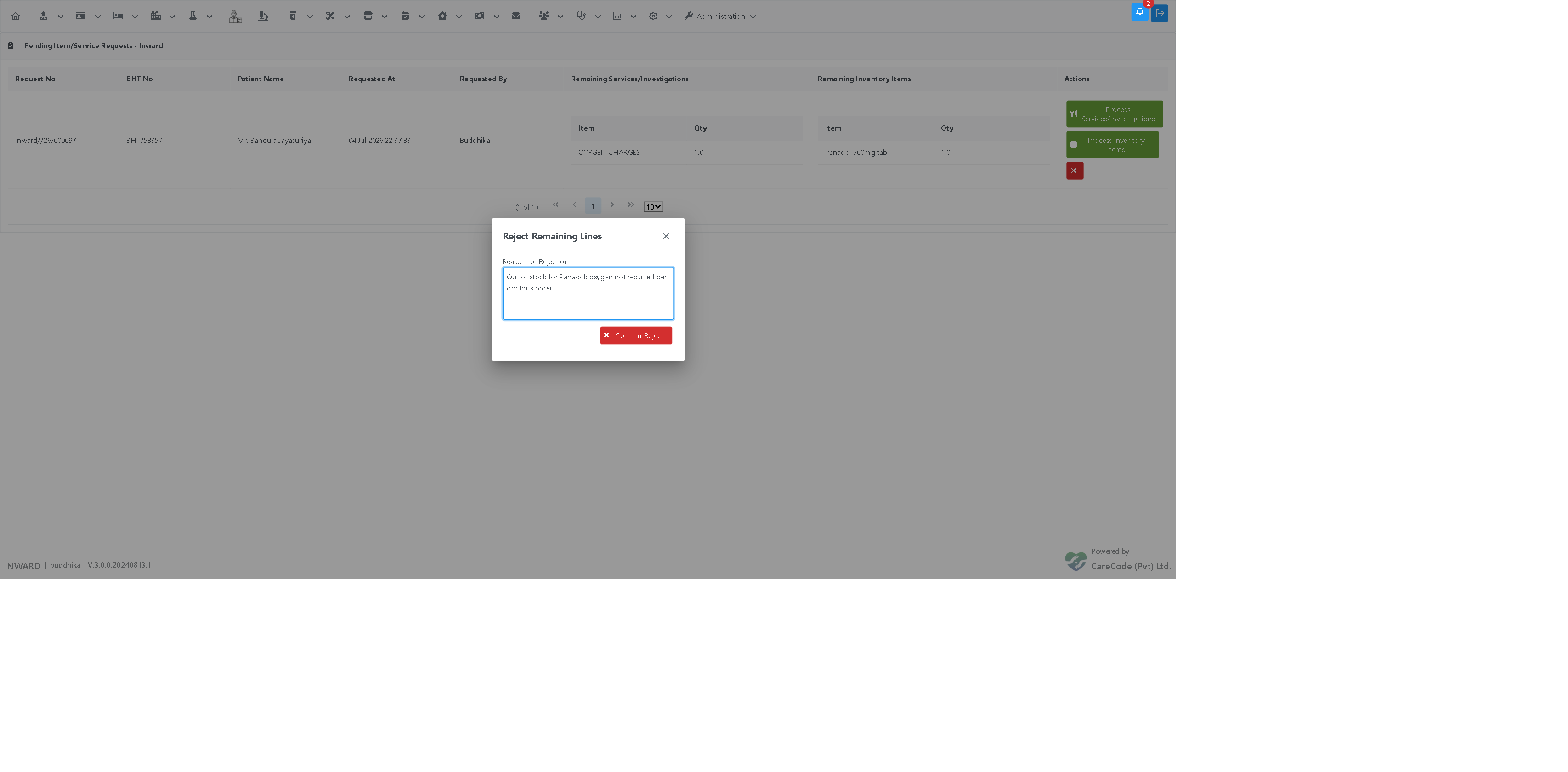 Reject Remaining Lines dialog with the mandatory reason field filled in