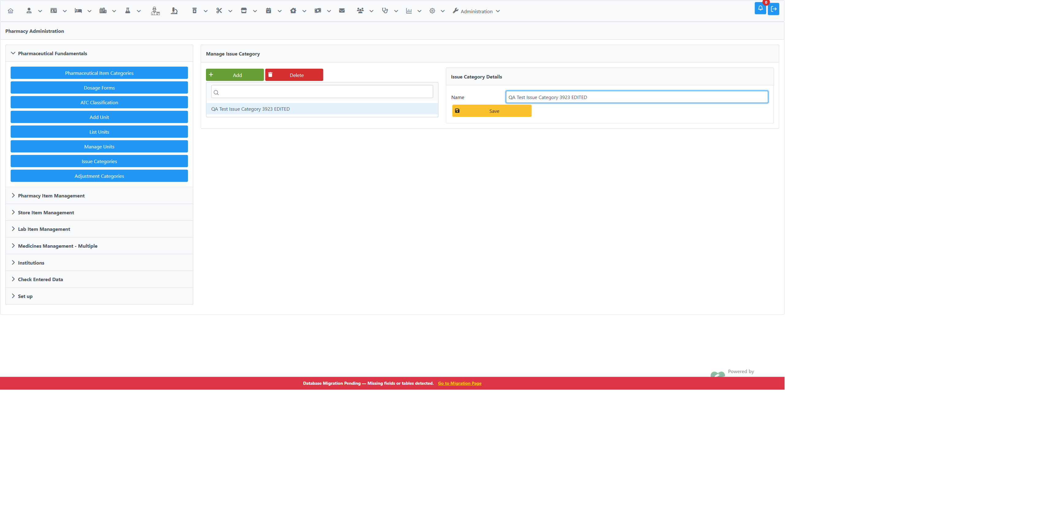 Manage Issue Category page