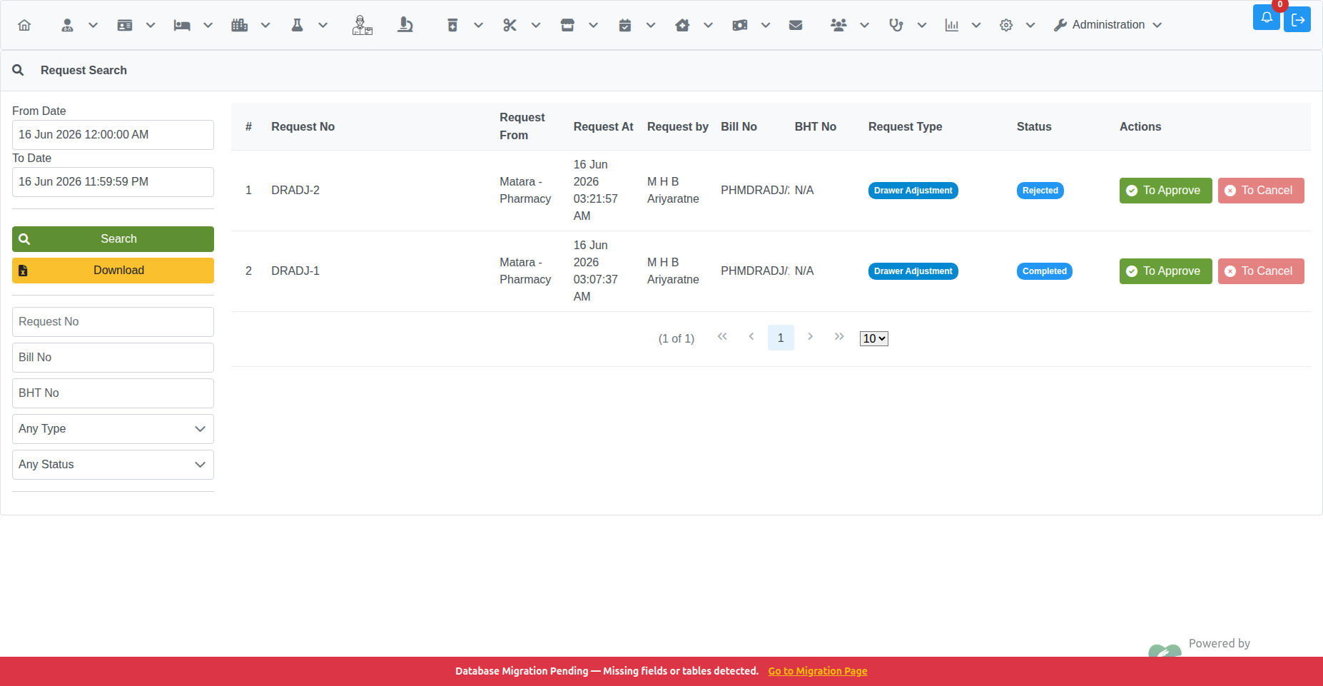 Request Manager — search results showing Drawer Adjustment requests