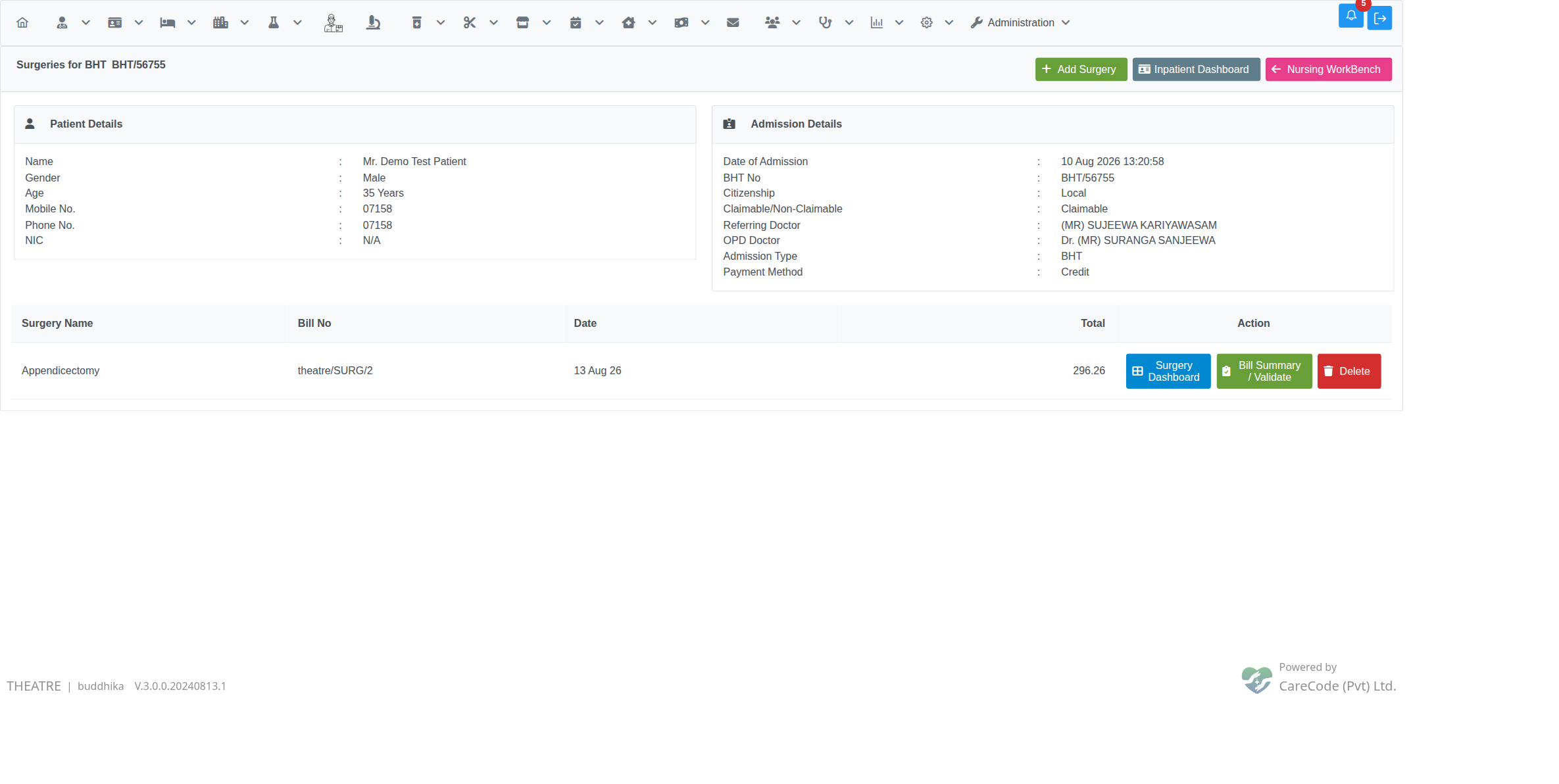 Bill Summary / Validate button on Manage Surgeries