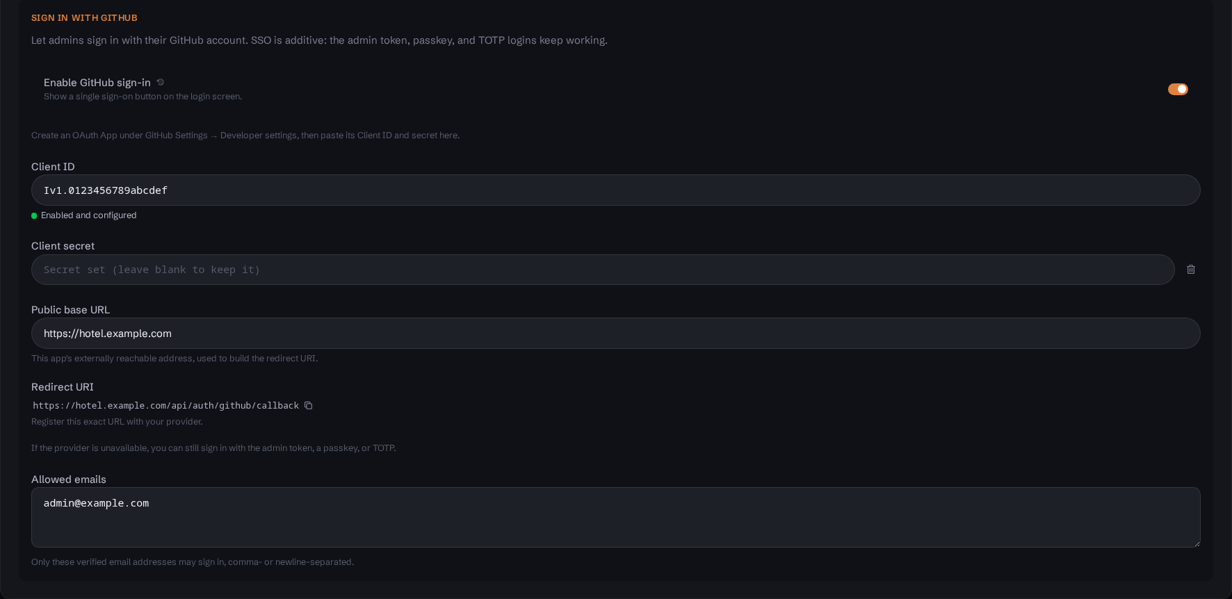Authentication settings: GitHub sign-in