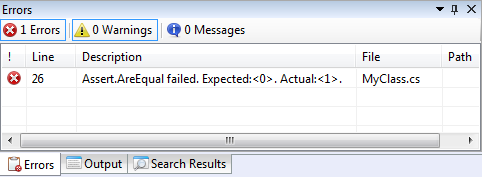 Screenshot of errors window