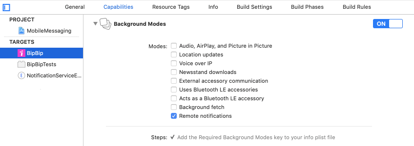 Enable Remote Notifications in Background Modes settings