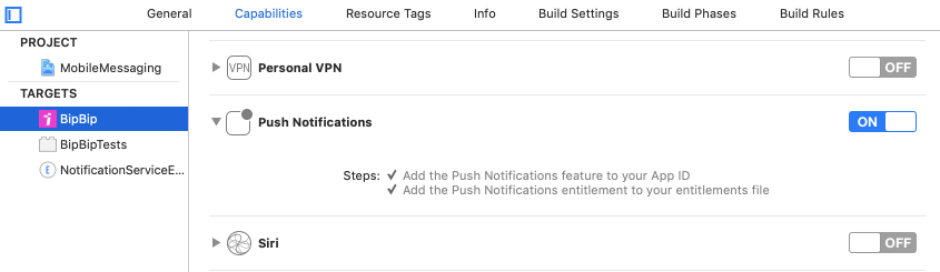 Enable Push Notifications capability