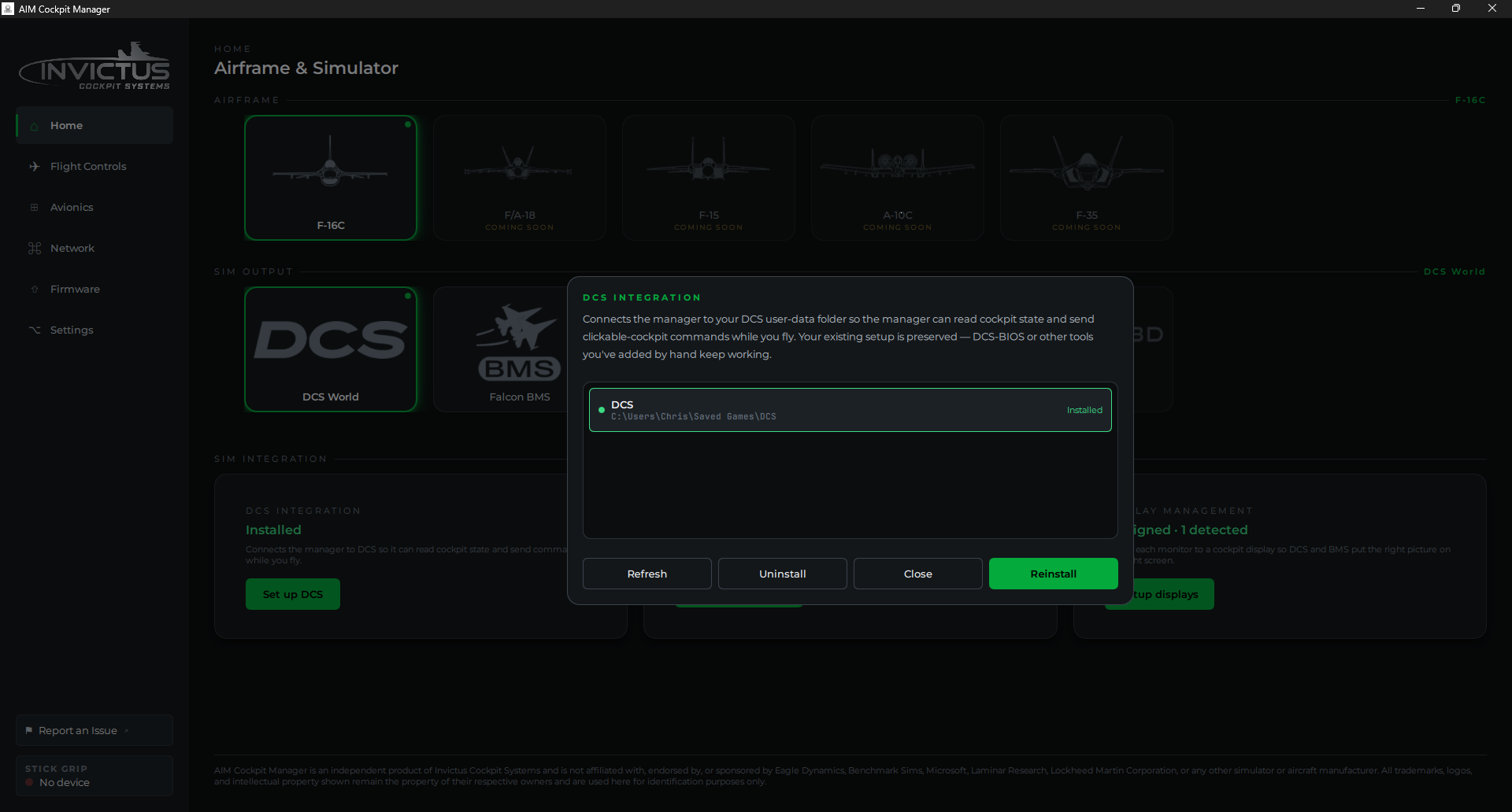 DCS Integration card showing detected DCS variants and install status