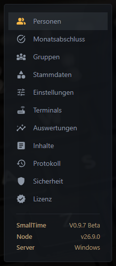 Menü der Administration mit Version