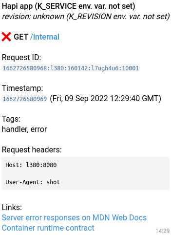 Telegram message about an internal server error in your Hapi app