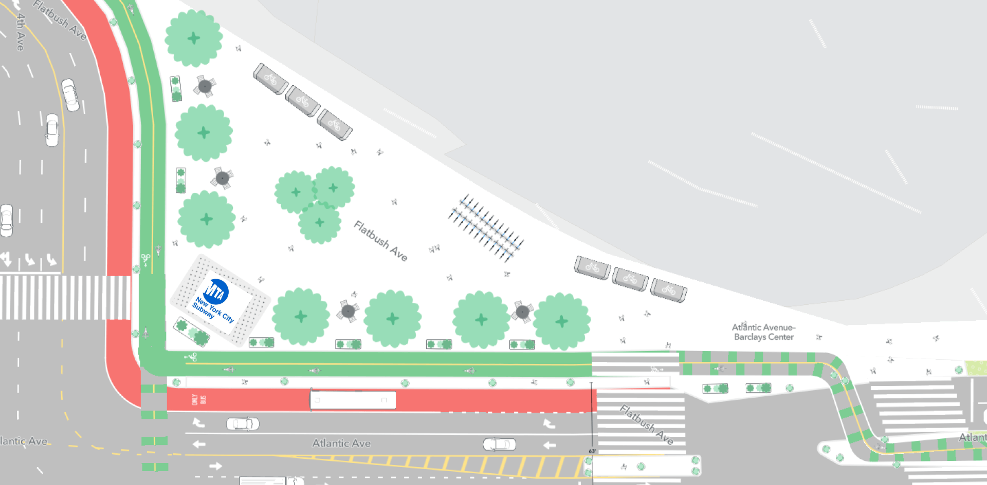 rendering of atlantic and flatbush ave with bus and bike lanes