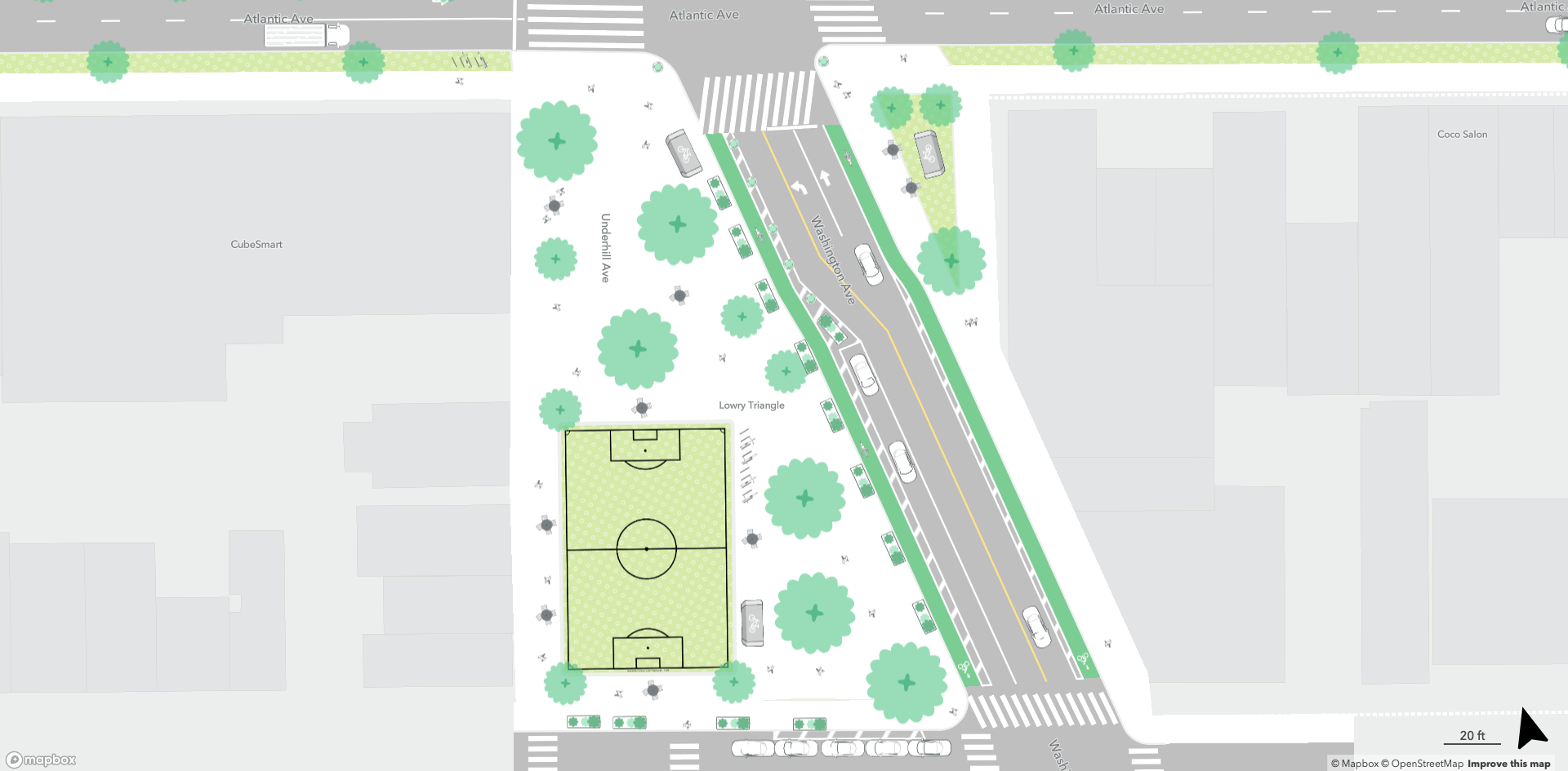 rendering of protected bike lanes and more green space