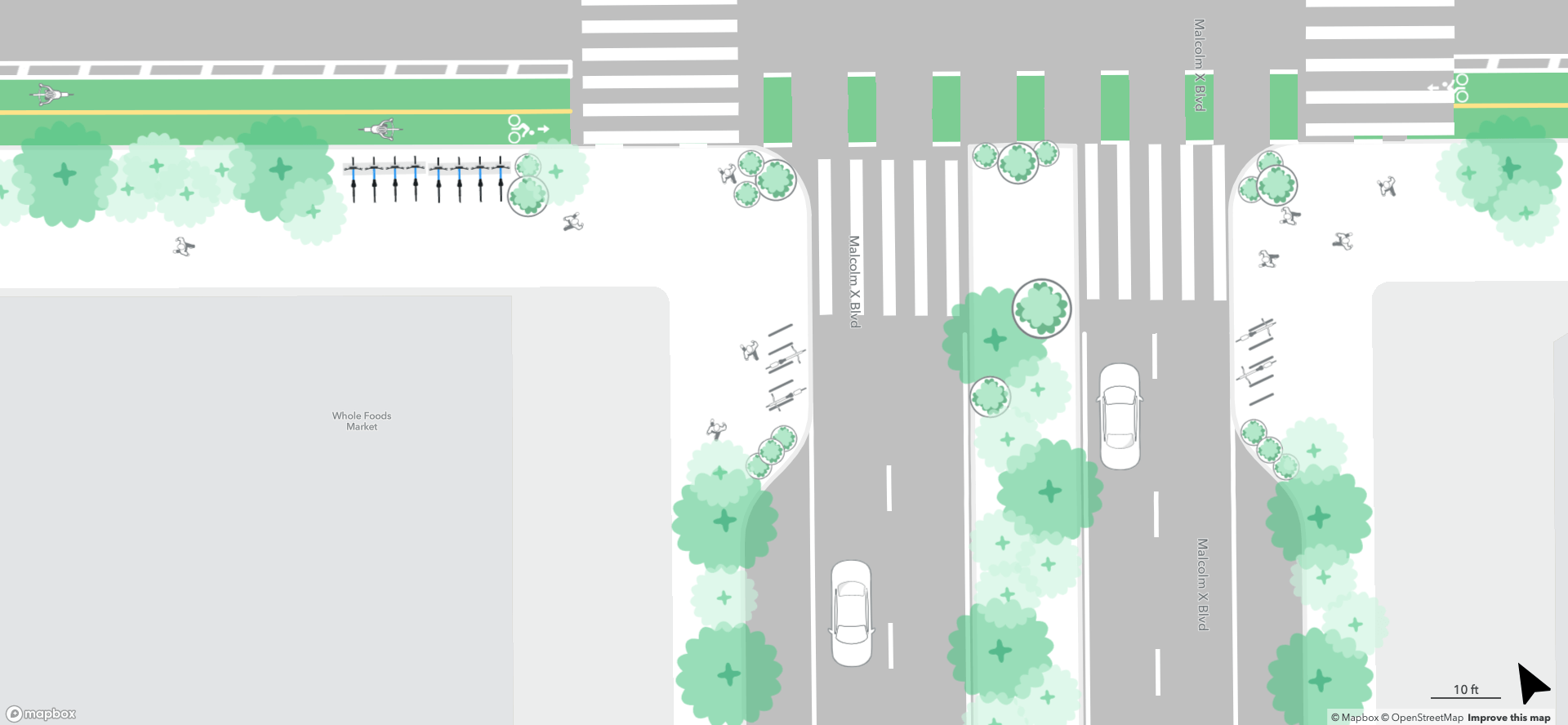 rendering of protected bike lanes and more green space