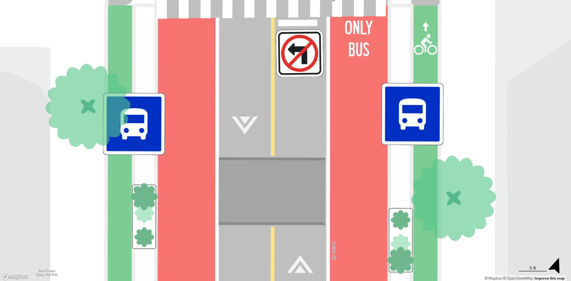 rendering of bike and bus lane on street with turn restrictions