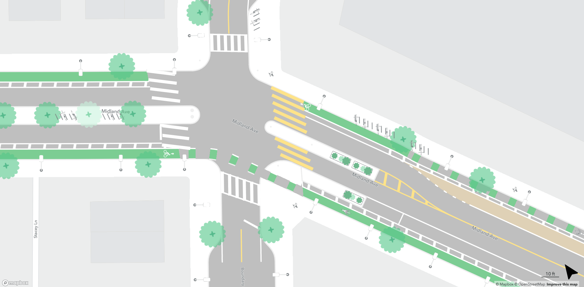 rendering of midland ave with bike lanes and median bike parking