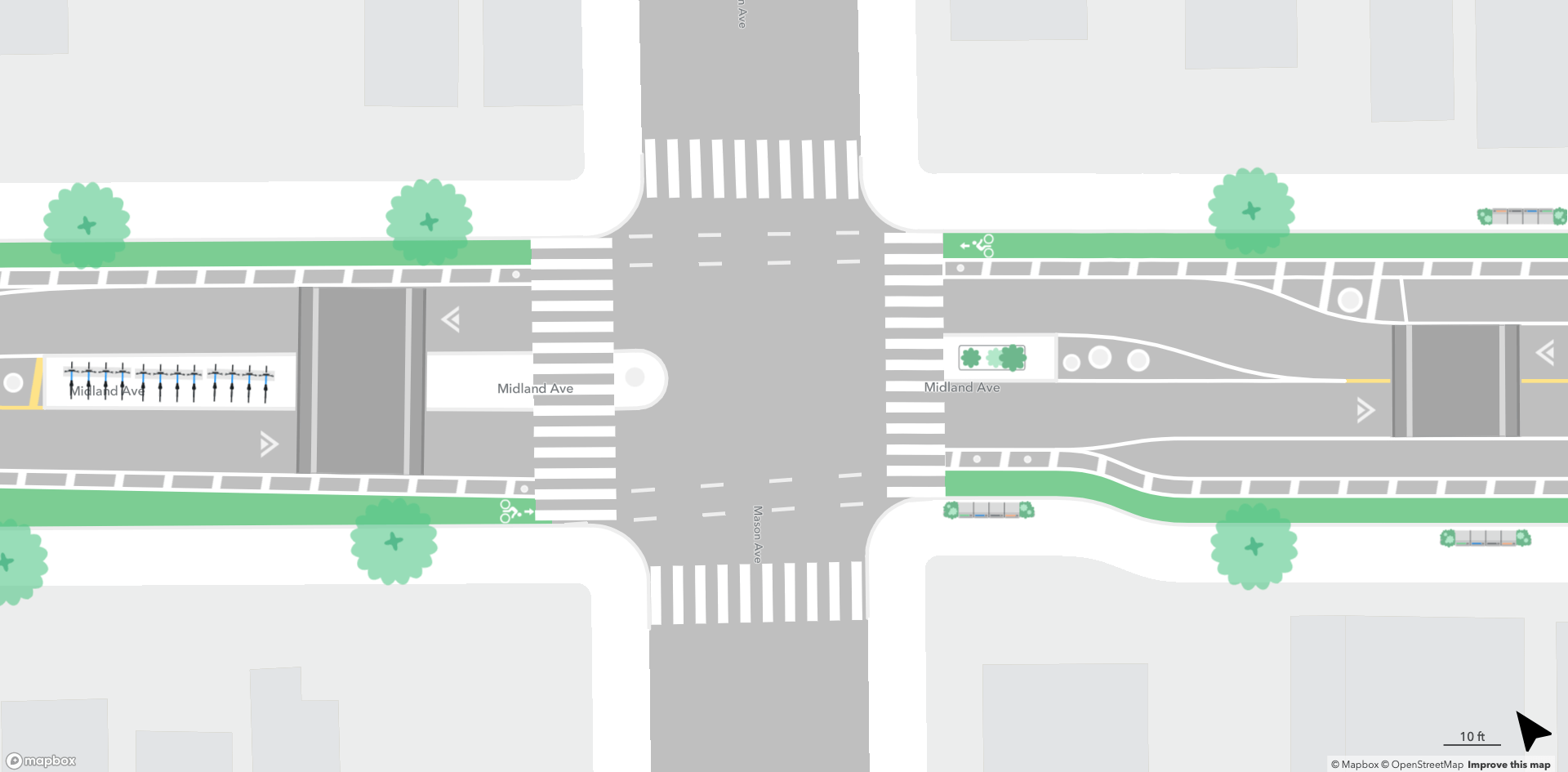 rendering of midland with big crosswalk and center median bike parking