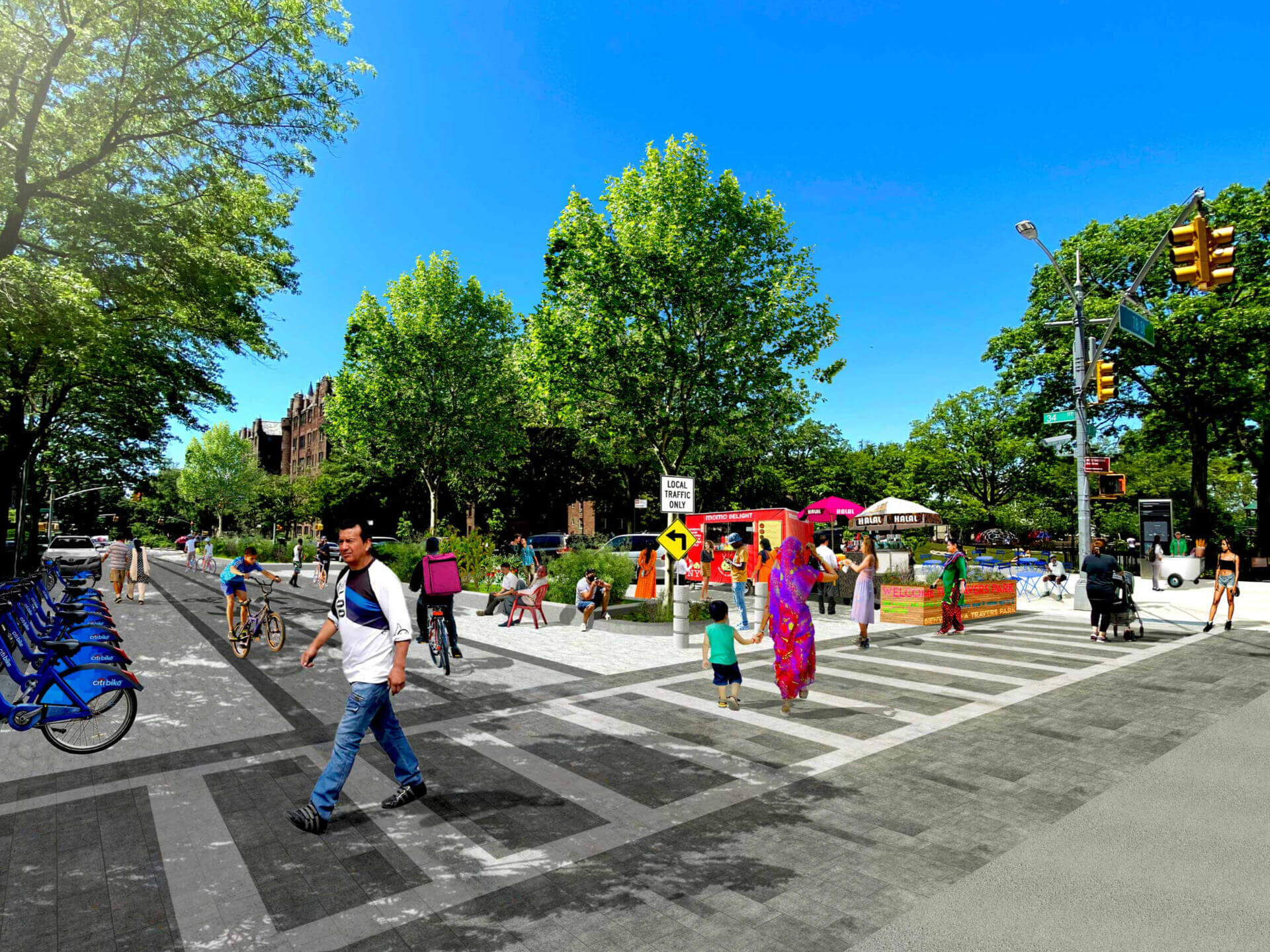 Rendering of tree lined street with a swales full of greenery, public seating, space for vendors, protected bike lanes, a Citi Bike doc, children, working cyclists and pedestrians walking safely in an ample cross-walk.