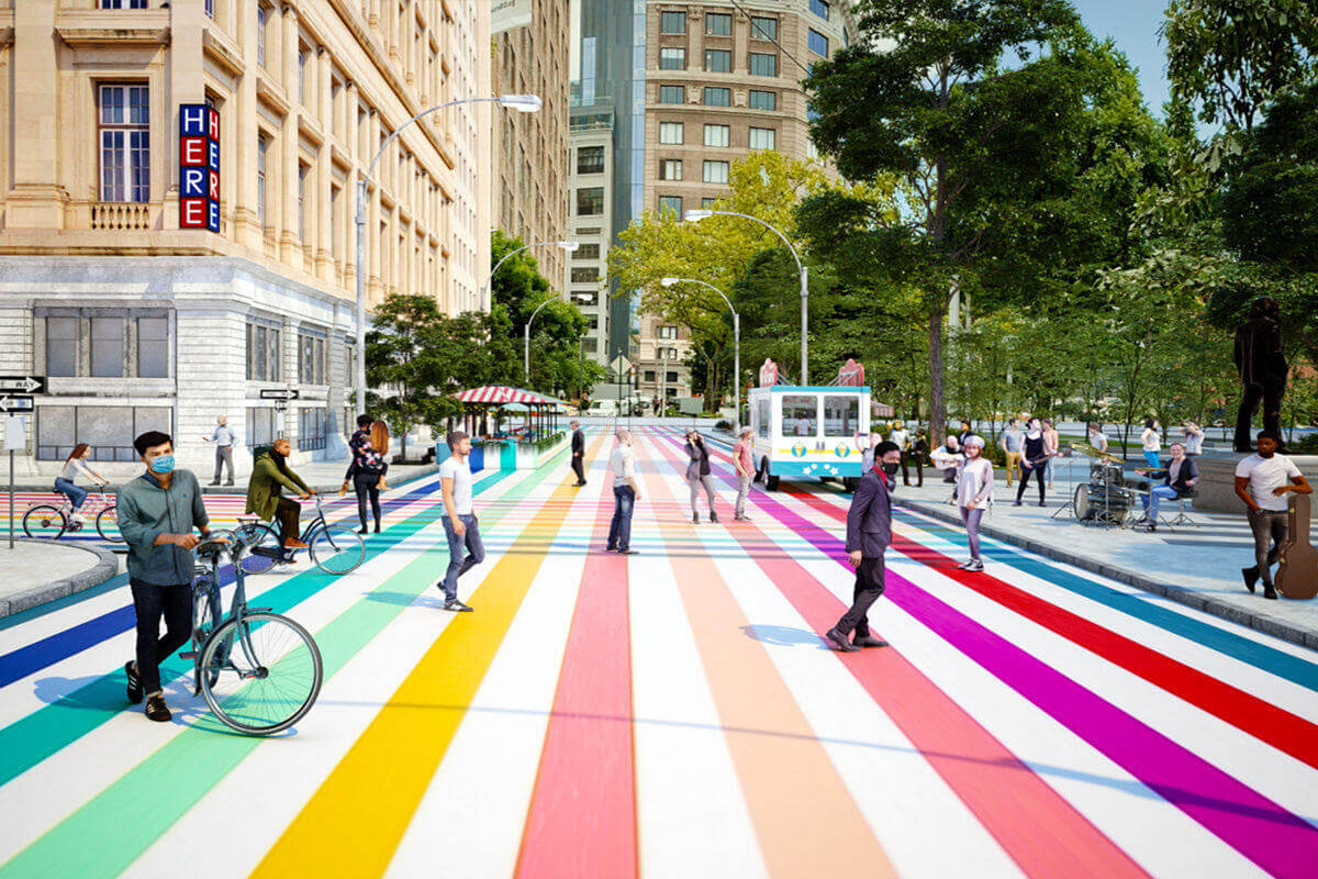 rendering of rainbow crosswalk on traffic calmed street