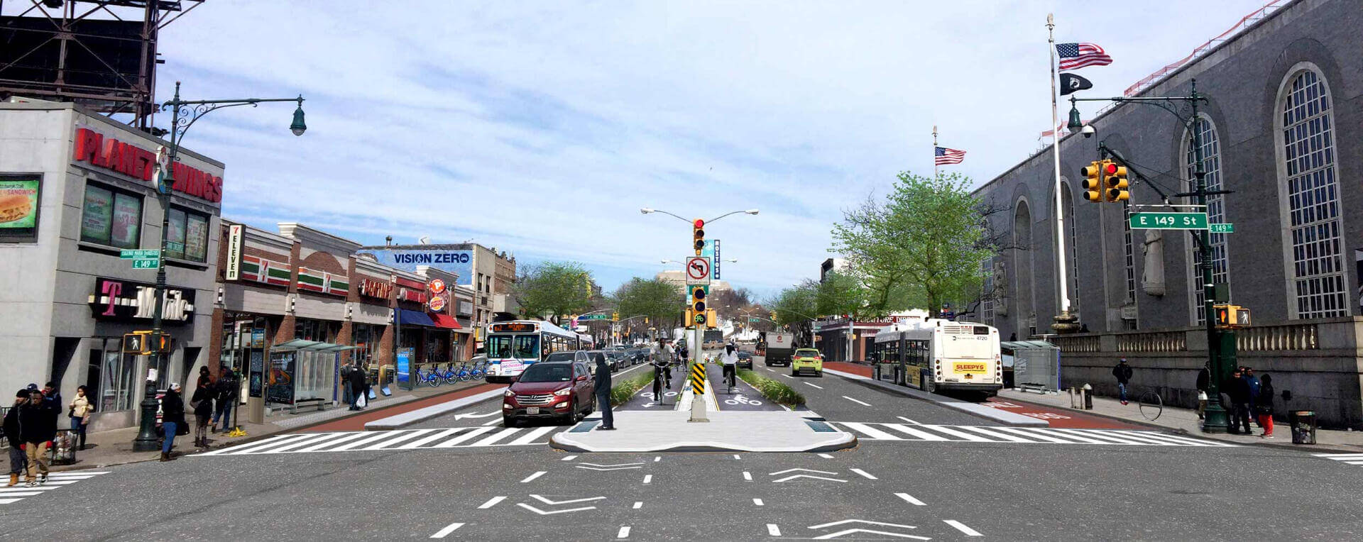 Rendering of a transformed Grand Concourse at East 149th street in the Bronx with protected bus lanes in both directions, ample lanes for cars, and two bike lanes in the middle, protected by bioswales.