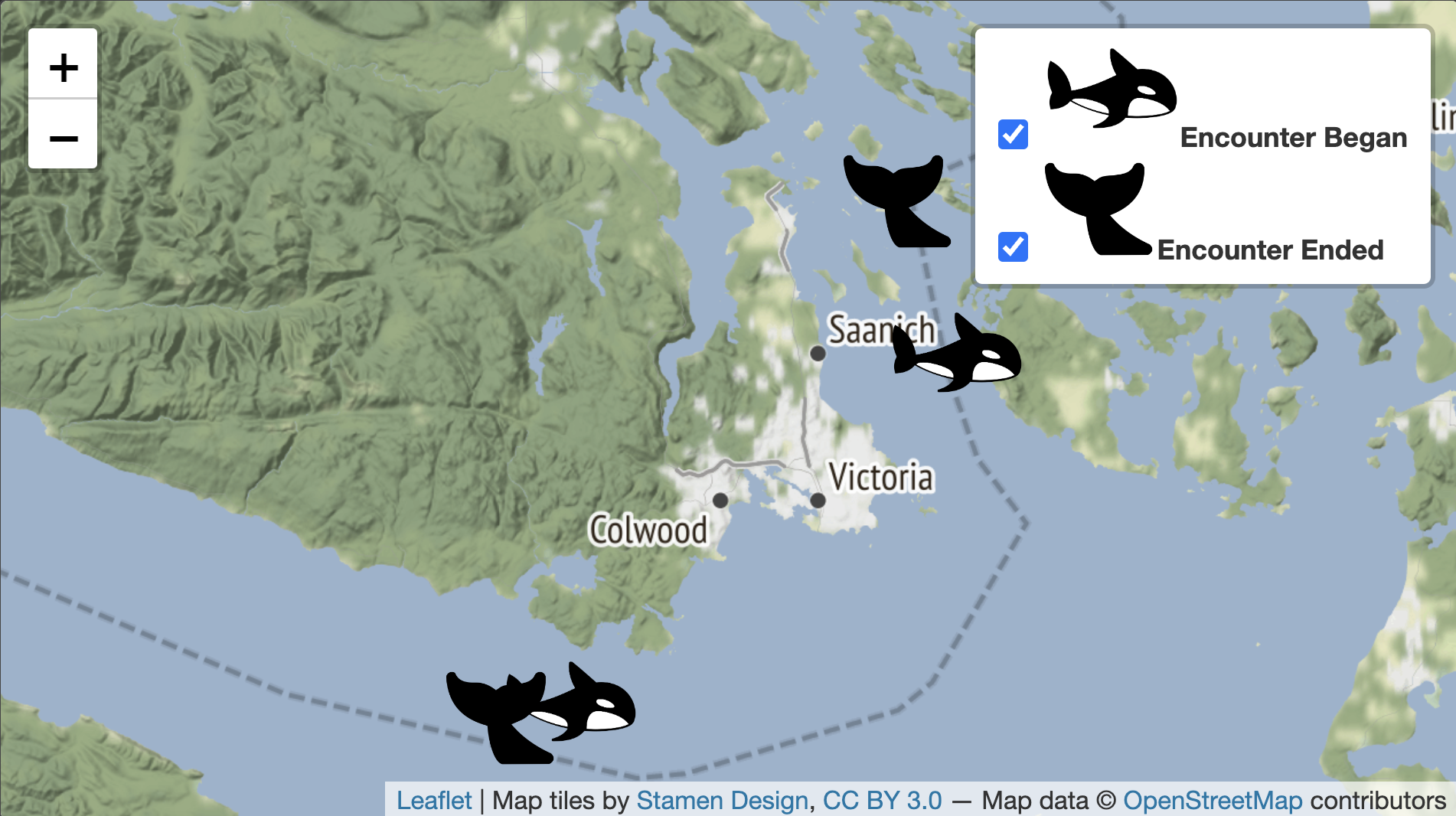 Screenshot of leaflet map with whale icons representing the start and end of the encounters.