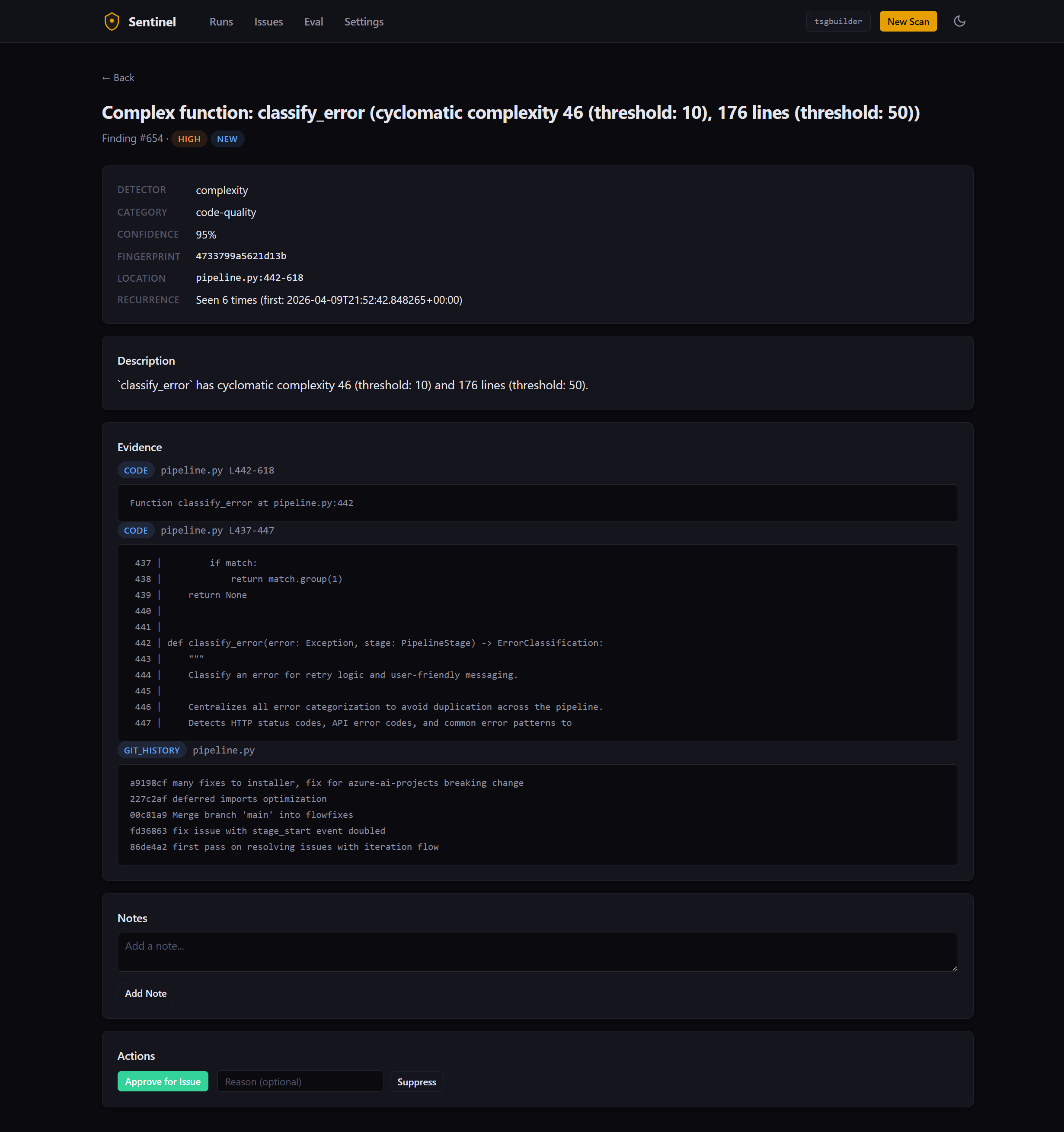 Finding detail page — metadata, evidence, notes, and actions