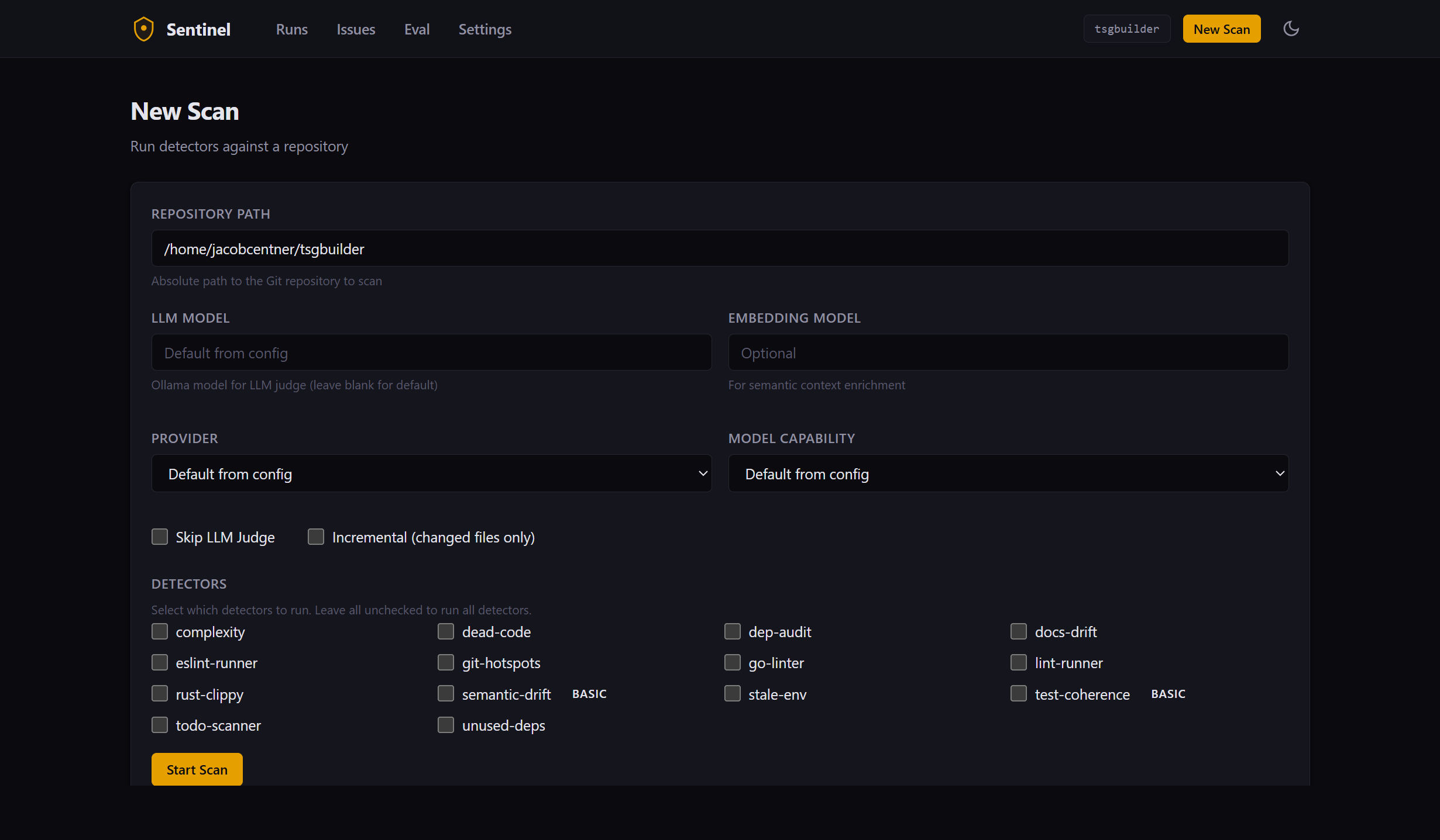New scan form with provider, model, and detector options