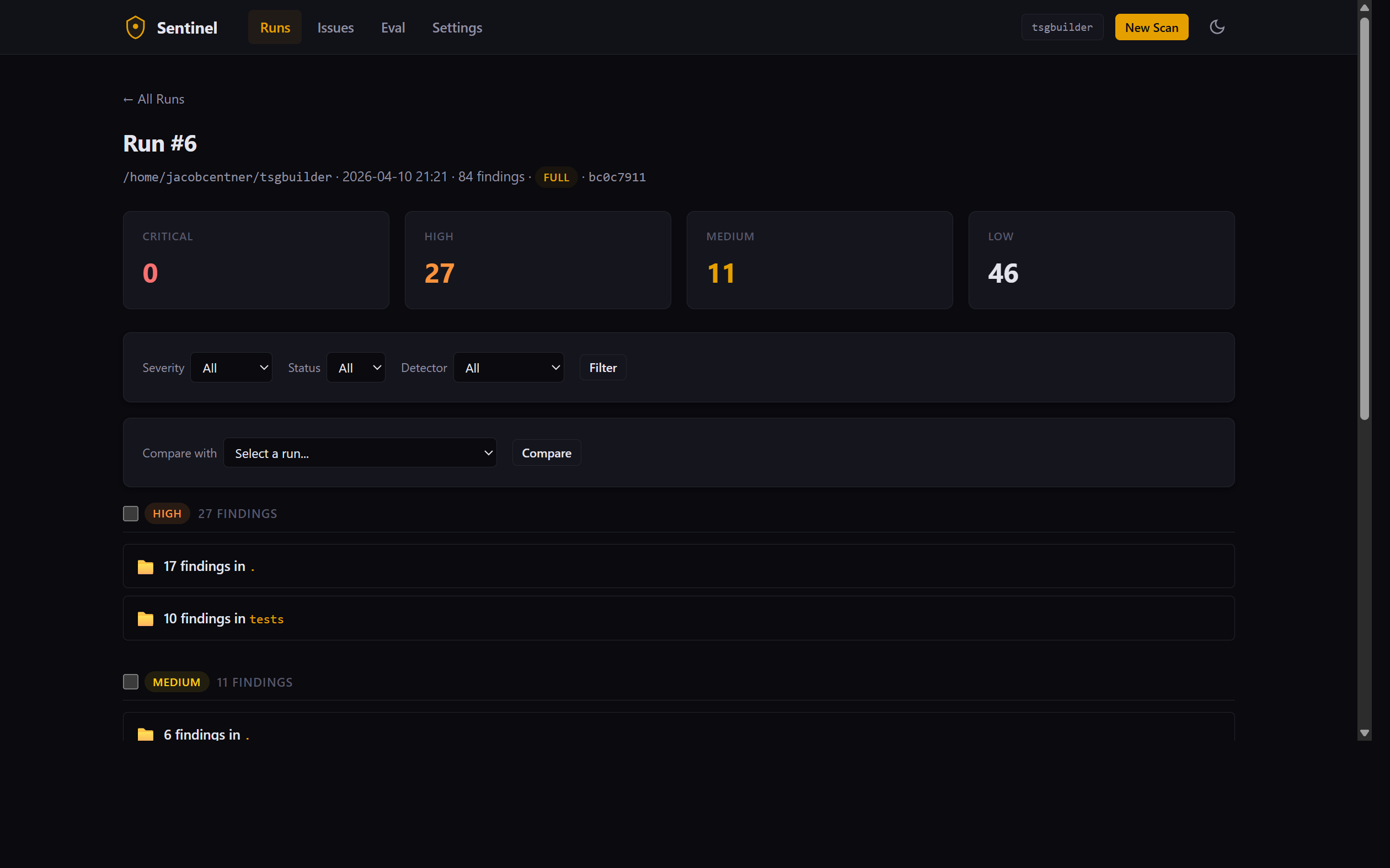 Run overview — severity cards, filters, and grouped findings
